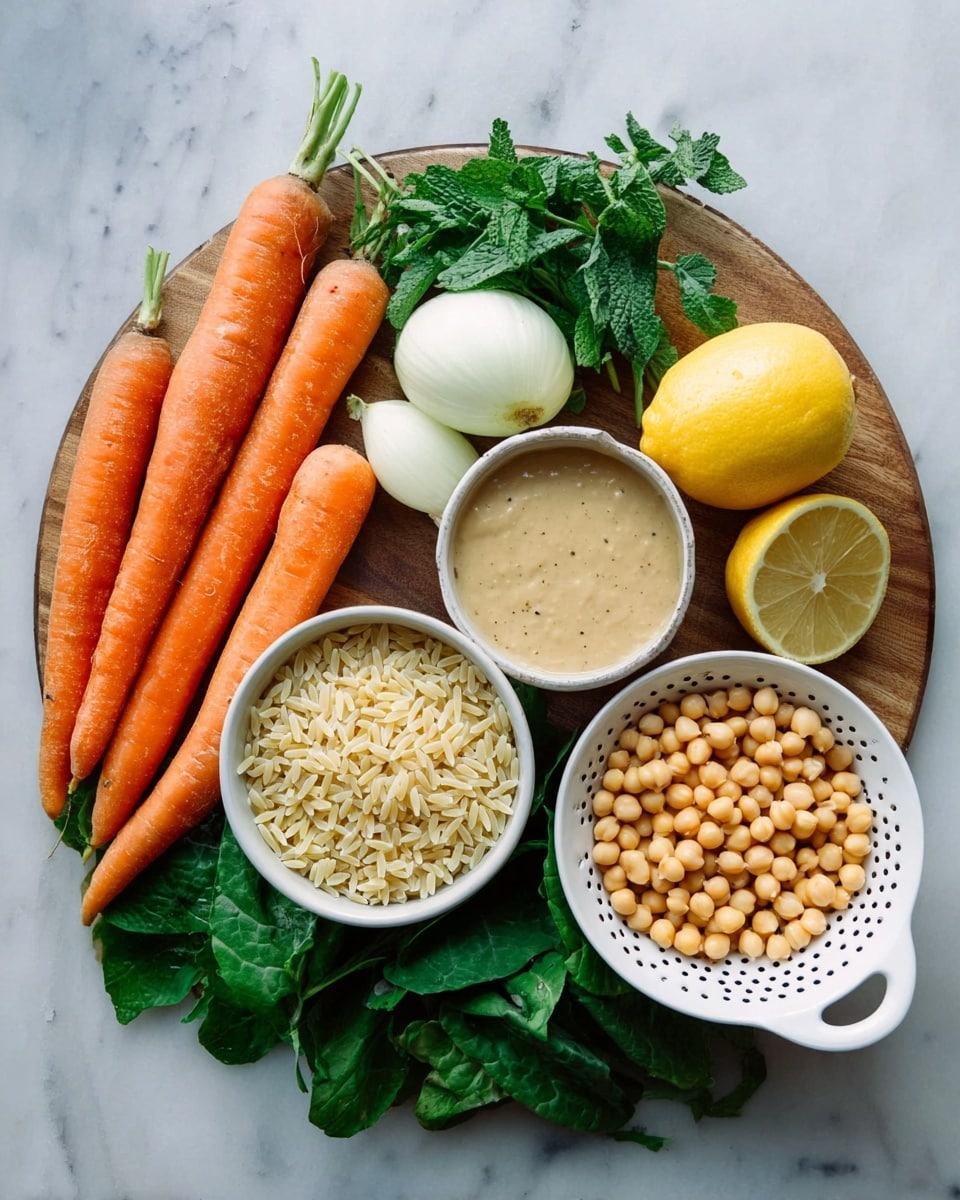 A round wooden board holds fresh ingredients on a white marbled surface: four long orange carrots on the left, a half white onion below them, two lemon halves and one whole lemon in the top middle, a small bunch of green herbs beside the lemons, a small white bowl filled with uncooked light yellow orzo pasta near the center, a small white bowl of creamy beige tahini sauce in the upper right, and a white colander filled with yellow chickpeas on the right side. Underneath some of these items, a layer of green leafy vegetables spreads out, adding texture and color. Photo taken with an iphone --ar 4:5 --v 7