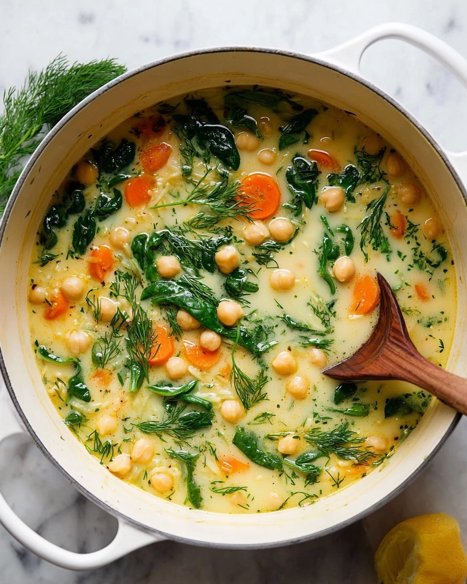 A white round pot filled with a creamy soup that has three main layers: a pale yellow broth base, light orange carrot slices scattered throughout, and many chickpeas floating evenly on top. Bright green spinach leaves and fresh dill sprigs are mixed in and rest visibly on the surface. A wooden spoon with a smooth texture is partially submerged on the right side, blending into the soup. The pot sits on a white marbled surface with a lemon and extra dill visible near the edge. Photo taken with an iphone --ar 4:5 --v 7