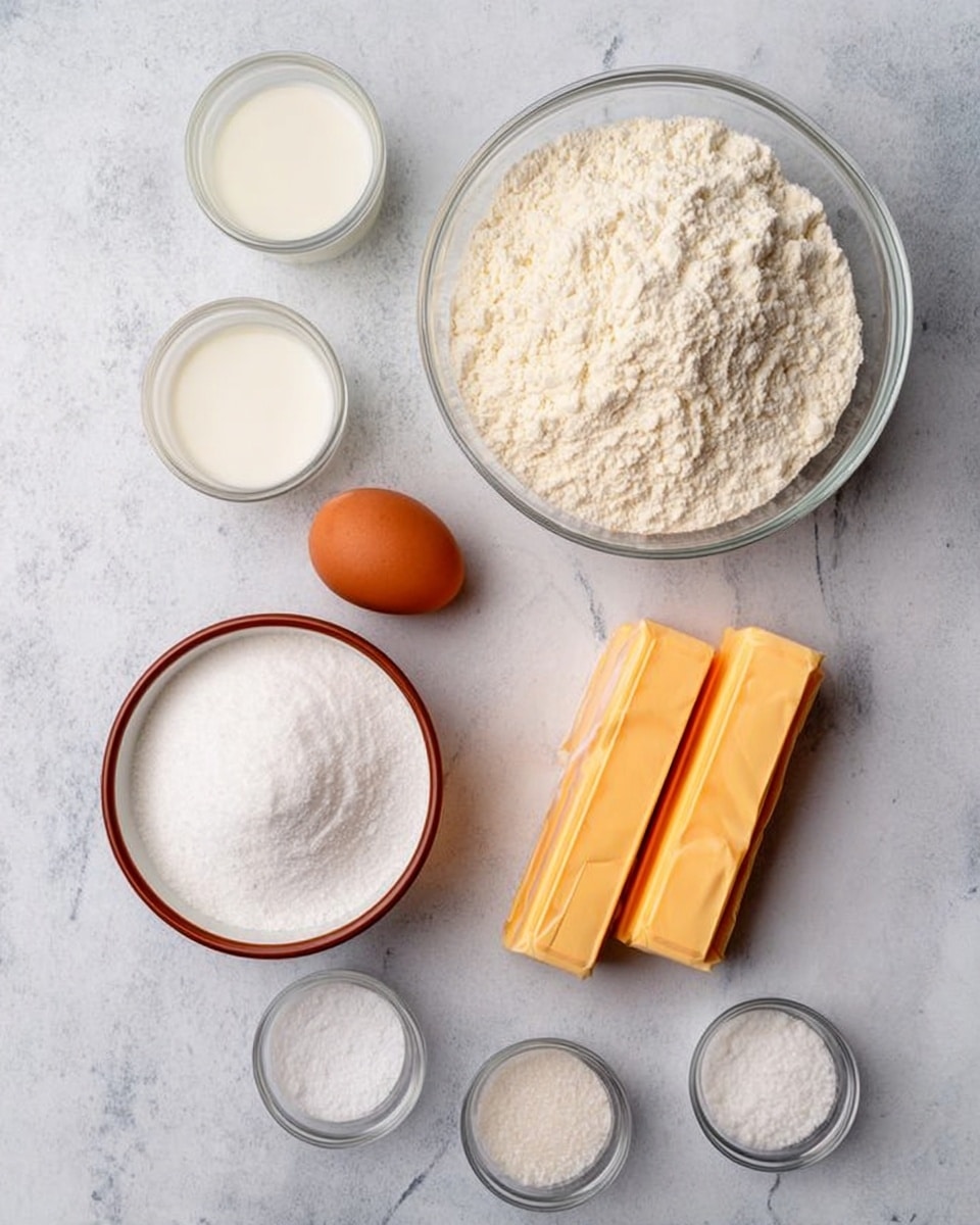The image shows several baking ingredients arranged neatly on a white marbled surface. At the bottom right, there are two sticks of butter with orange wrappers, placed side by side. Above the butter, a small glass container holds a light liquid, likely milk. Next to it on the left, a large clear bowl contains white flour with a fine, powdery texture. Above the flour bowl, a white bowl holds powdered sugar, fluffy and bright white. To the left of the powdered sugar, a brown-rimmed white bowl is filled with granulated white sugar, showing a fine, grainy texture. Below the sugar bowl, a single brown egg rests directly on the surface. Around these main items, there are four small glass bowls containing various baking powders or salts, neatly spaced to balance the image. The overall scene is well-lit, with a soft, natural light highlighting the different textures of the ingredients. photo taken with an iphone --ar 4:5 --v 7