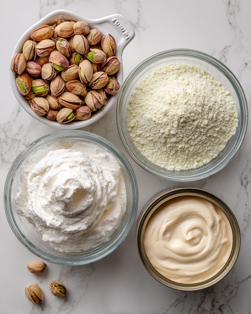 The image shows four clear glass containers arranged in a grid on a white marbled surface. The top left container is a small white measuring cup filled with salted pistachios, light brown and green in color, labeled