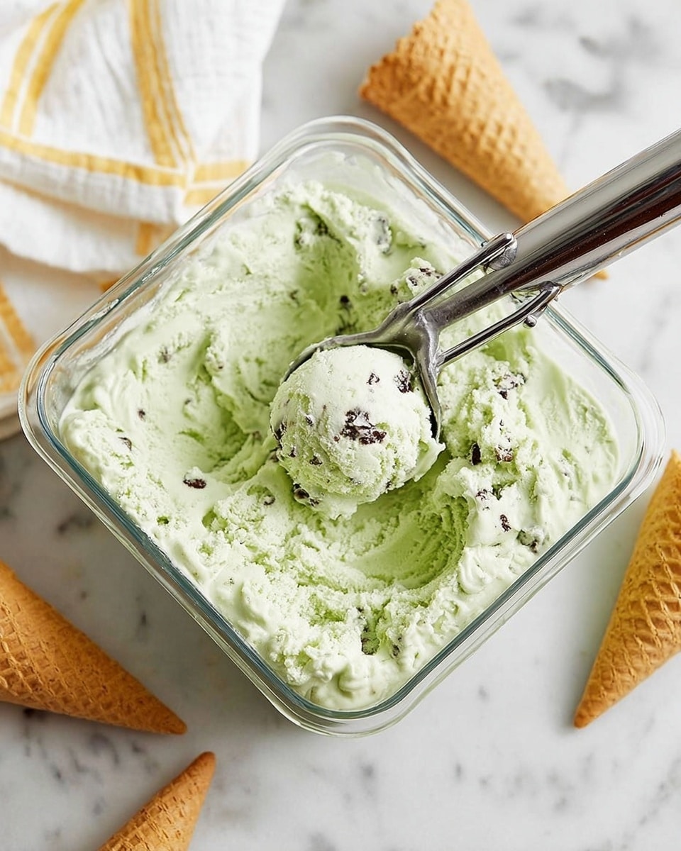 A close-up of a single scoop of light green ice cream with small brown nut pieces mixed inside, sitting on top of a waffle cone that has a slightly crumbly texture. The ice cream scoop is soft with some creamy folds and is held near the base by a woman's hand. The background shows a blurred white marbled surface and a glass bowl filled with the same light green ice cream. Photo taken with an iphone --ar 4:5 --v 7