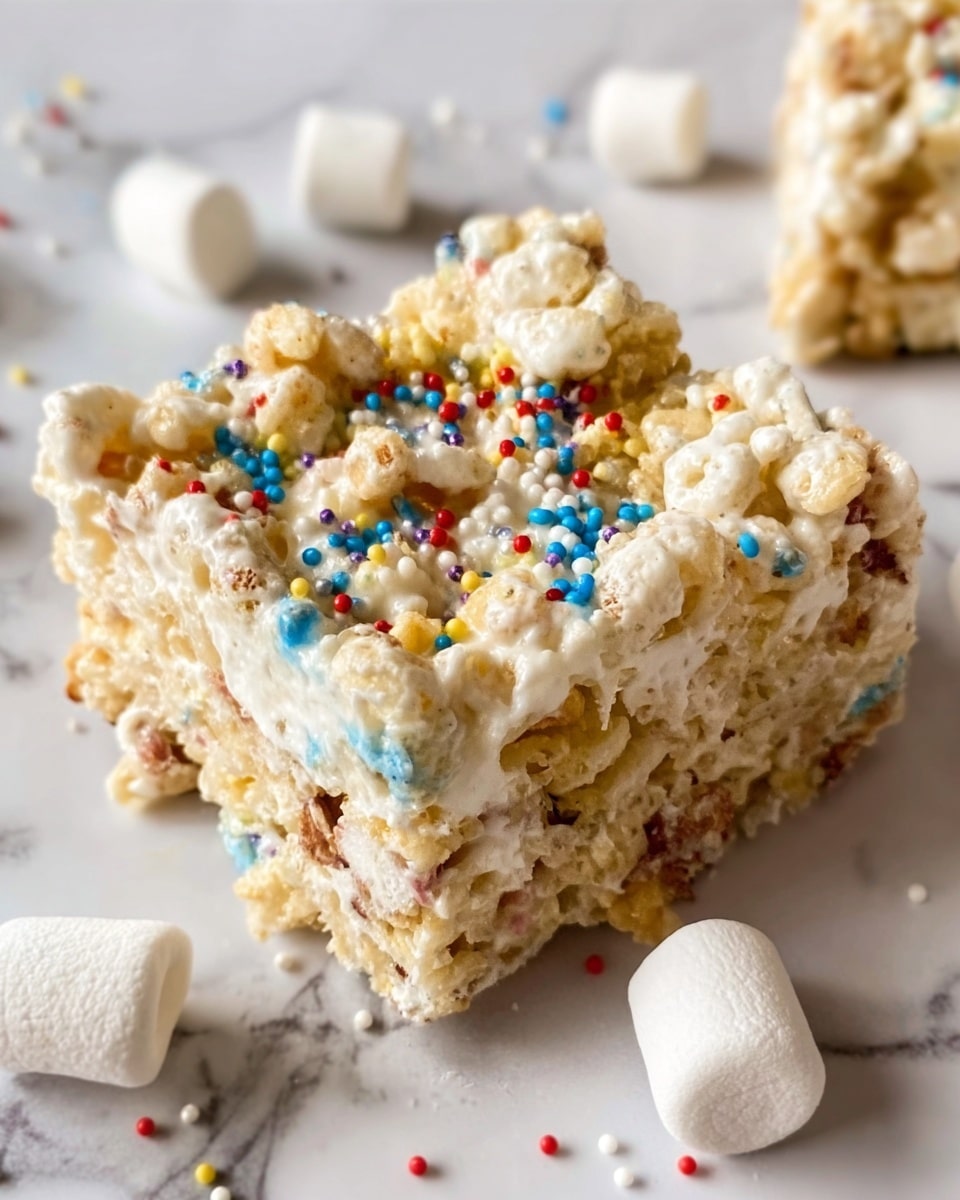 A close-up of a single square shaped dessert bar on a white marbled surface, showing multiple layers and textures. The base is a mix of creamy white melted marshmallow and crispy light golden puffed cereal bits. Scattered through the bar are small, colorful round sprinkles in blue, red, yellow, and white adding bright pops of color. Around the dessert piece are some whole white marshmallows lying on the white marbled background. The overall look is soft, fluffy, and crunchy with a mixture of white and light golden tones, accented by the tiny colorful sprinkles. photo taken with an iphone --ar 4:5 --v 7