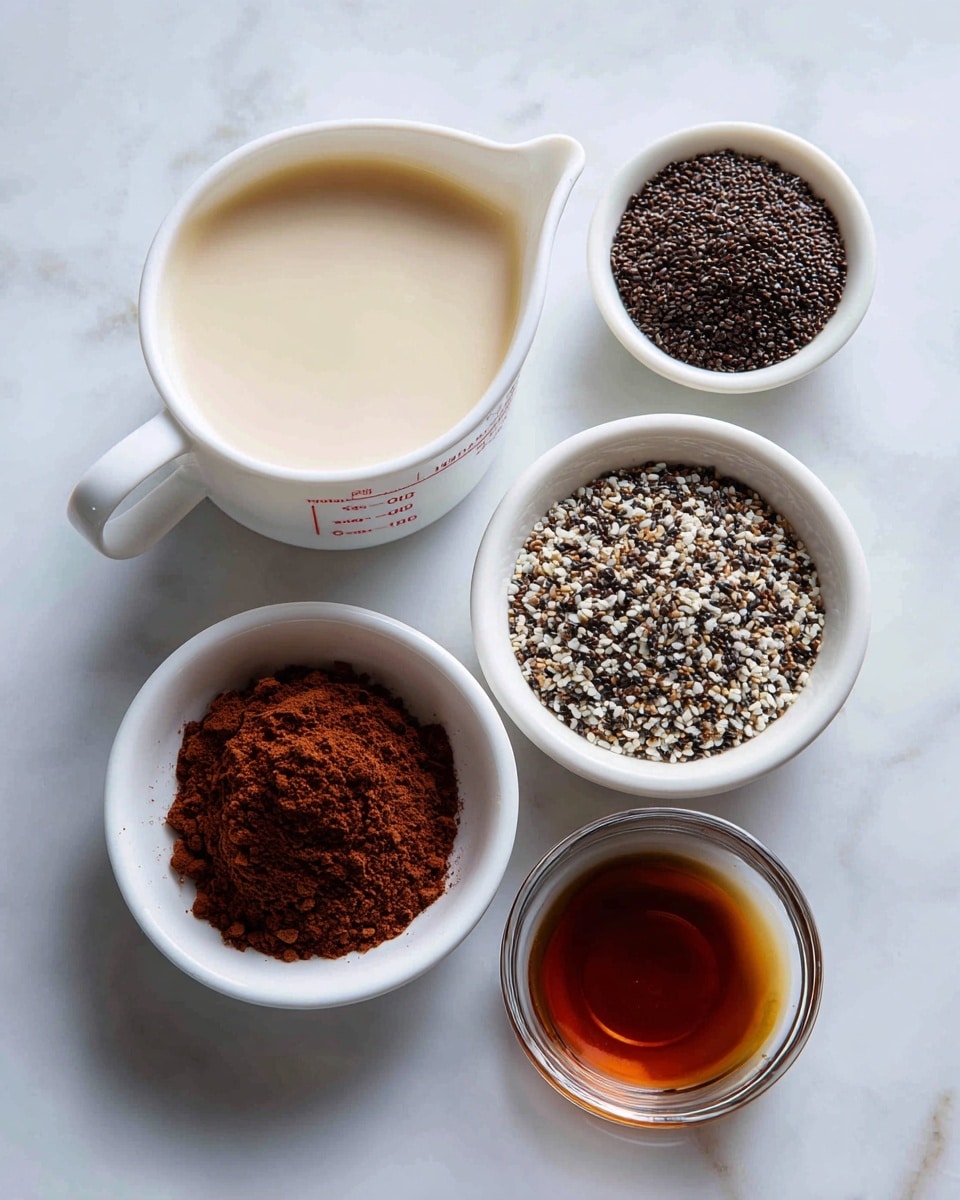 The image shows five small white bowls and a white measuring cup on a white marbled surface. The measuring cup at the top holds a light beige liquid labeled milk. Below it, there is a small white bowl filled with dark brown cacao powder. To the right, a larger white bowl contains black and white small chia seeds. Below the cacao powder, a clear bowl holds a brown liquid labeled vanilla extract. To the right of this, another small white bowl contains a dark brown liquid labeled maple syrup. The items are spaced evenly with simple, clean textures and soft lighting, photo taken with an iphone --ar 4:5 --v 7