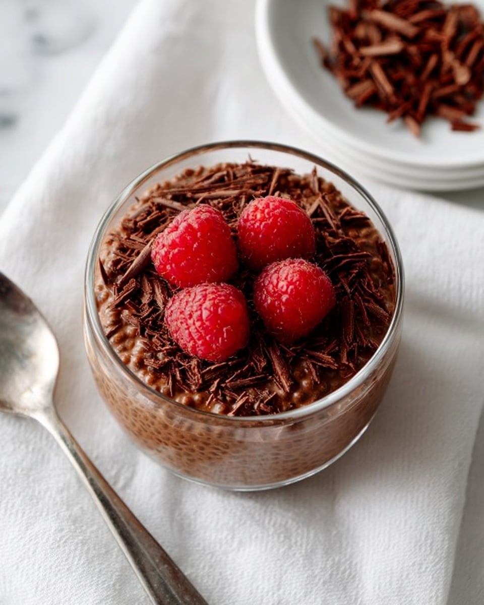 A clear glass cup holds a layered dessert starting with a rich, dark brown chia pudding base with a textured, slightly bumpy surface. On top of the pudding are thin, dark chocolate shavings scattered unevenly. Five bright red raspberries with detailed, soft textures sit on the chocolate shavings, creating a fresh and colorful contrast. The cup is placed on a white cloth over a white marbled surface, with a silver spoon nearby. At the top of the image, slightly out of focus, is a white plate filled with more dark chocolate shavings, adding depth to the scene. photo taken with an iphone --ar 4:5 --v 7