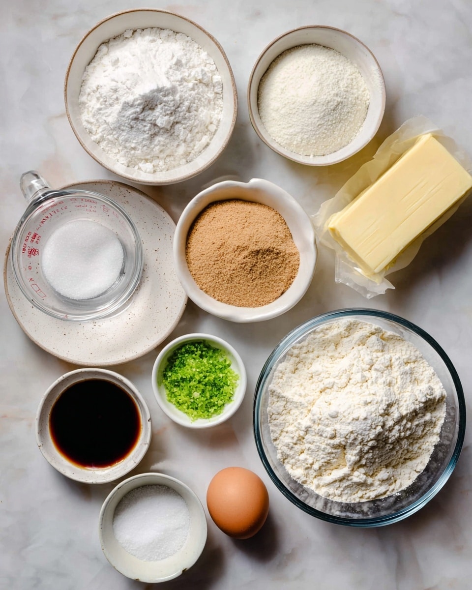 The image shows nine small white bowls and one clear glass bowl arranged on a white marbled surface. The largest clear glass bowl at the bottom right is filled with white flour, and a clear measuring cup above it contains white powdered sugar. To the left is a white bowl filled with fine white sugar, while next to it is a white bowl with light brown sugar. In the middle there is a small white bowl with a single brown egg and another white bowl with a pale yellow liquid, likely oil. Above these is a small white bowl holding bright green lime zest. Below the lime zest is a white bowl with a dark liquid, likely vanilla extract. Another white bowl near the center holds a white liquid, and a white speckled plate to the left has two piles of white and light gray powder, probably salt and baking soda. A soft yellow block of butter sits wrapped on the top right of the arrangement. The light in the photo is natural and soft, taken from above. photo taken with an iphone --ar 4:5 --v 7
