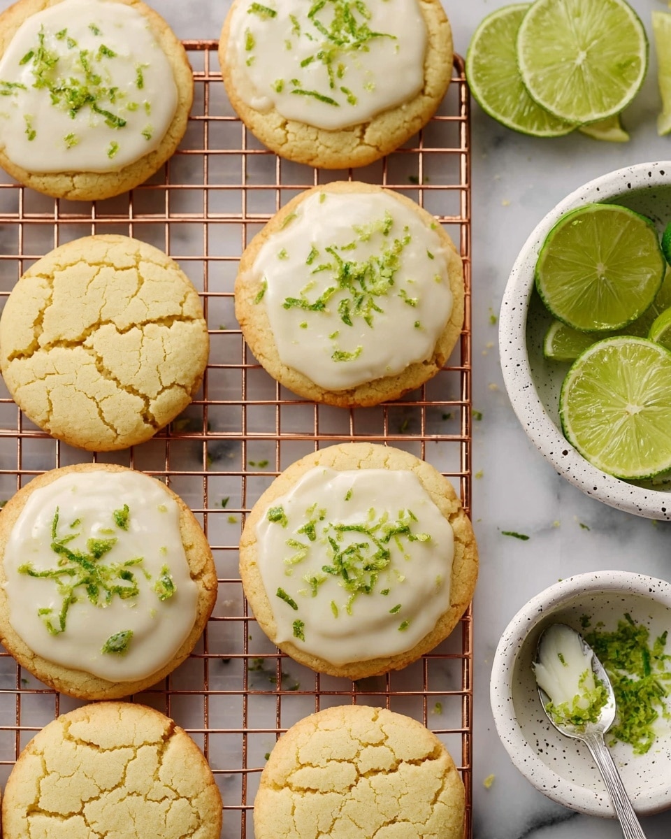 The image shows round cookies arranged on a copper cooling rack, placed on a white marbled surface. There are two types of cookies: some have a smooth, light yellow cracked texture, while others are topped with a thick, glossy white icing sprinkled with finely grated green zest. On the right side, there's a white speckled bowl filled with lime wedges, and on the bottom left corner, a smaller white bowl holds extra green zest. A silver spoon with some white icing and green zest rests nearby. The overall scene is bright and clean, focusing on the cookies and their toppings photo taken with an iphone --ar 4:5 --v 7