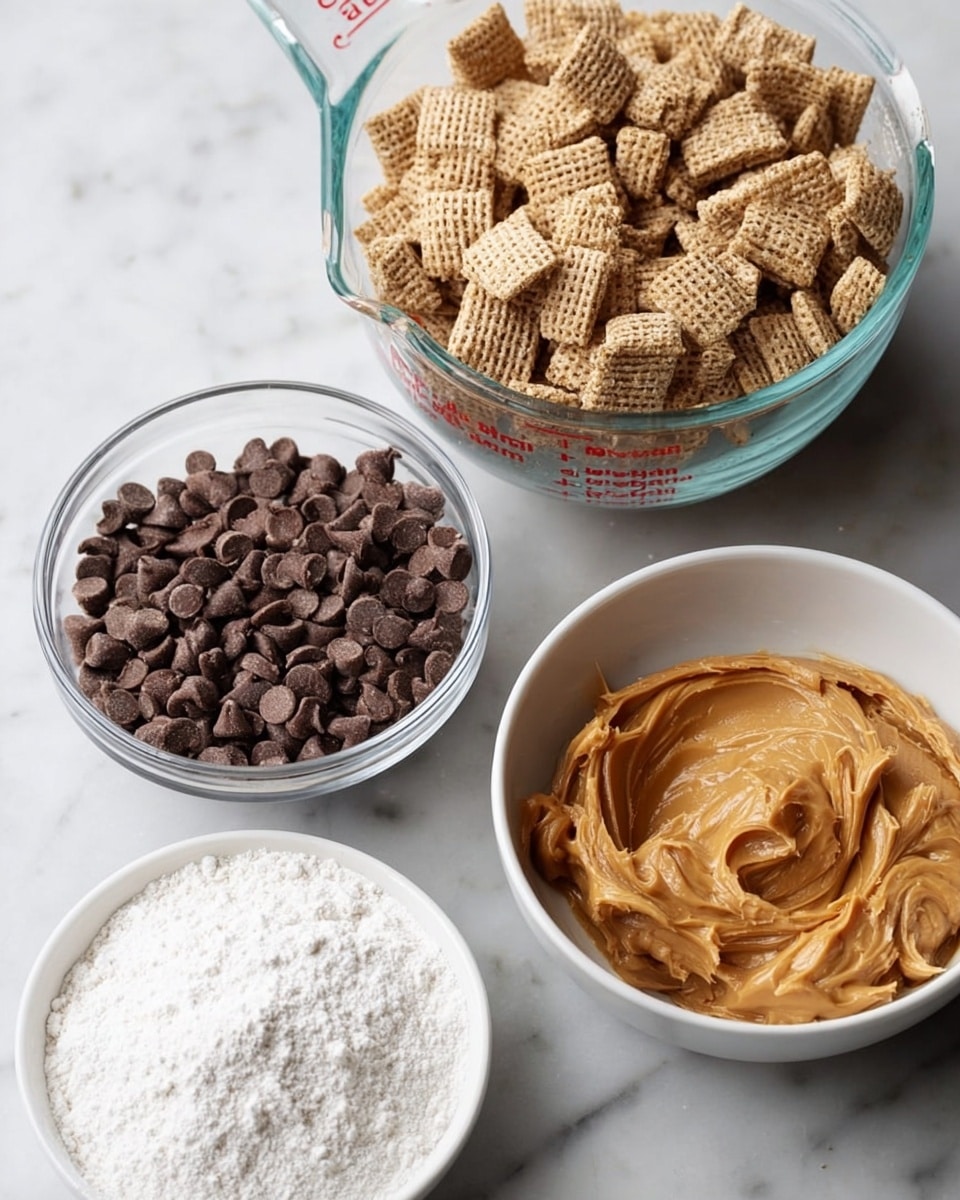 The image shows four ingredients placed on a white marbled surface: a glass measuring cup filled with small brown pieces that look like chocolate chips on the upper left, a larger glass measuring cup filled with light brown square cereal pieces with a textured surface on the upper right, a small white bowl filled with fine white powder (likely powdered sugar) on the middle left, and a white bowl holding creamy peanut butter with a smooth and shiny texture on the lower right. Photo taken with an iphone --ar 4:5 --v 7