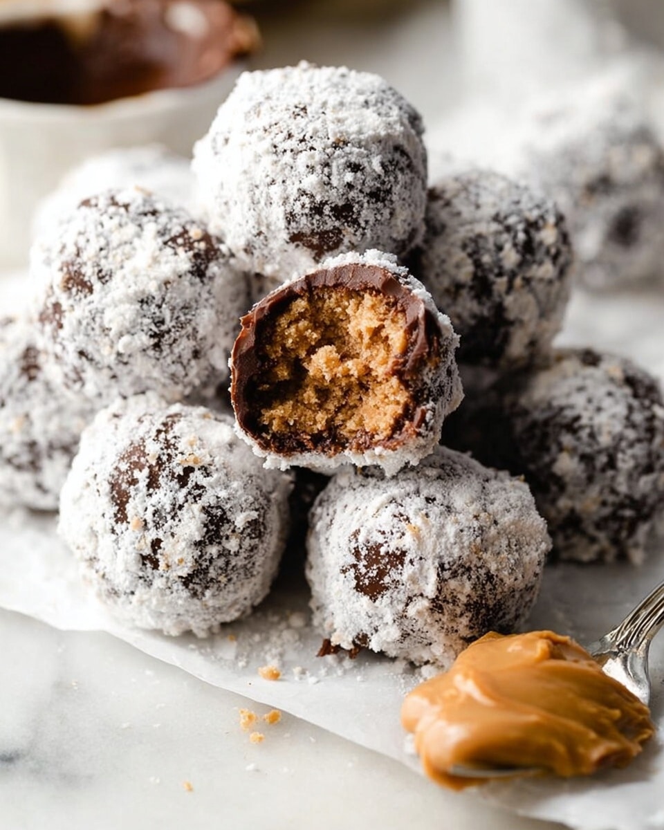 A close-up showing a pile of round chocolate-covered treats coated with white powdered sugar or flour on a white marbled surface. One piece in the middle is broken open, showing a crumbly, light brown inside filling. To the right, a silver spoon holds smooth peanut butter, resting on white paper underneath the treats. The background is softly blurred, keeping the focus on the textured chocolate pieces. Photo taken with an iphone --ar 4:5 --v 7
