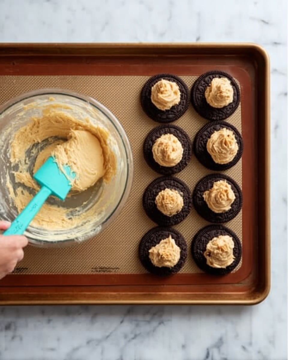 A baking tray with a brown silicone mat on top is placed on a white marbled surface. On the left side of the tray, there is a clear glass bowl with creamy beige dough inside, and a turquoise spatula is resting in the bowl with some dough on it. On the right side of the tray, there are six chocolate cookie bases arranged in two vertical columns of three. Five of the cookies have a dollop of light brown filling on top, while the top left cookie is empty. A woman's hand is holding the spatula, spreading the dough inside the bowl. photo taken with an iphone --ar 4:5 --v 7