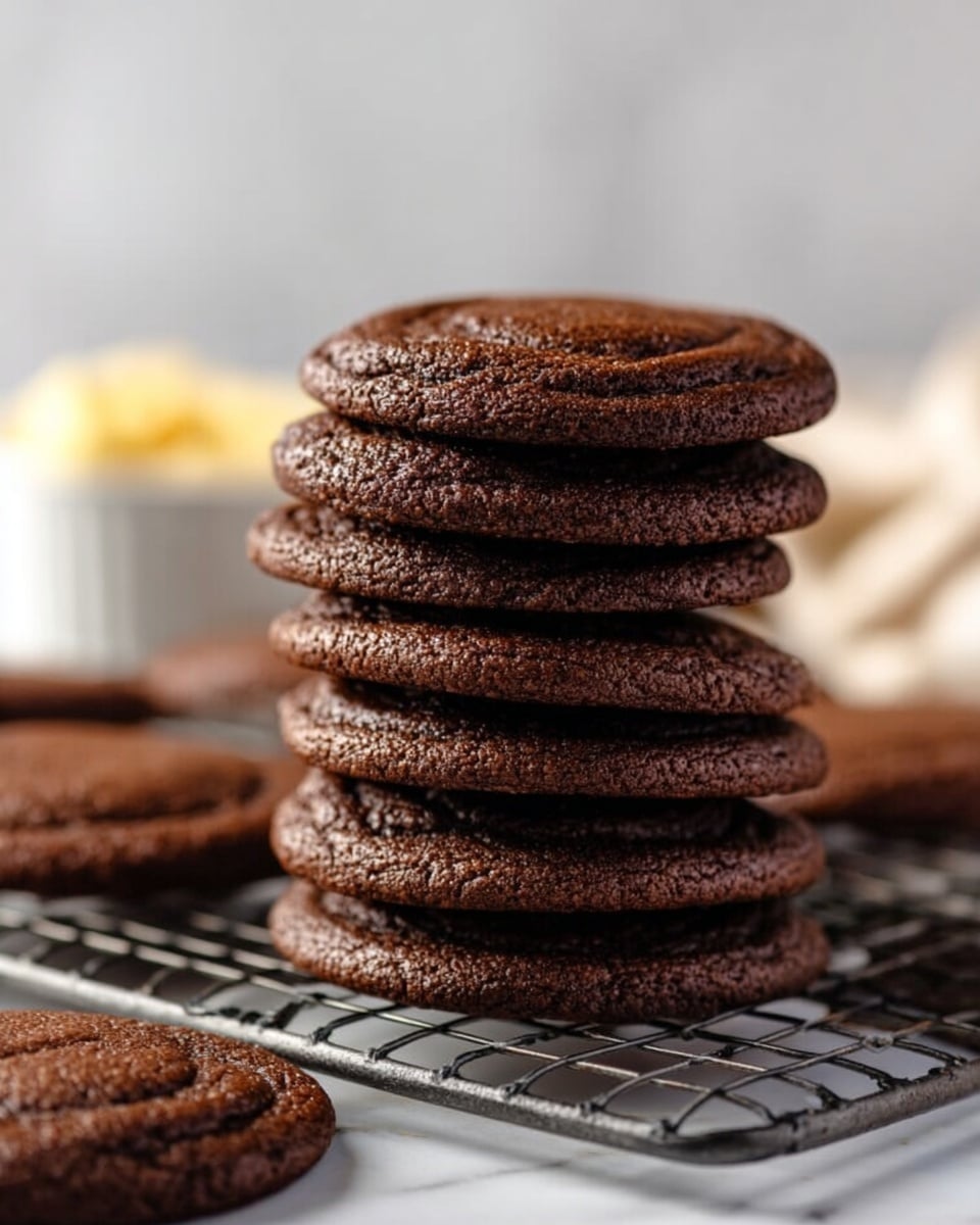 A tall stack of eight round, dark brown chocolate cookies with a smooth, slightly cracked surface stands on a metal cooling rack. To the left of the stack, a white bowl with yellowish chips is slightly blurred in the background, and to the right, partially visible, are more cookies on the same white marbled surface. The background is light and softly blurred, making the chocolate cookies the main focus. Photo taken with an iphone --ar 4:5 --v 7