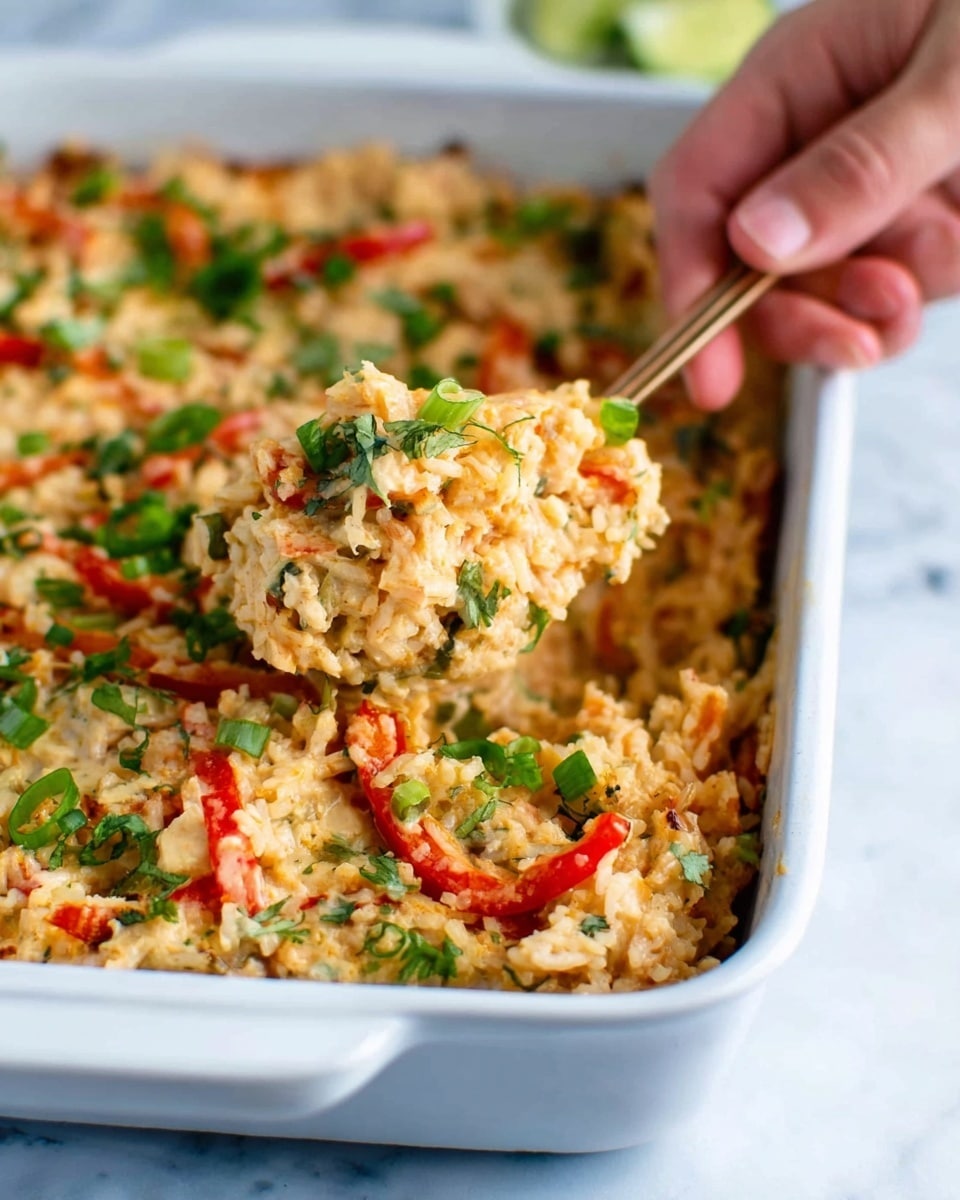 A white rectangular baking dish filled with a creamy, mixed rice dish that has visible pieces of red bell pepper strips, chopped green onions, and small bits of herbs sprinkled on top. A woman's hand is lifting a spoonful of the dish, showing the soft, textured layers of rice and vegetables with a mostly beige color and colorful vegetable bits. The background is a white marbled surface. Photo taken with an iphone --ar 4:5 --v 7