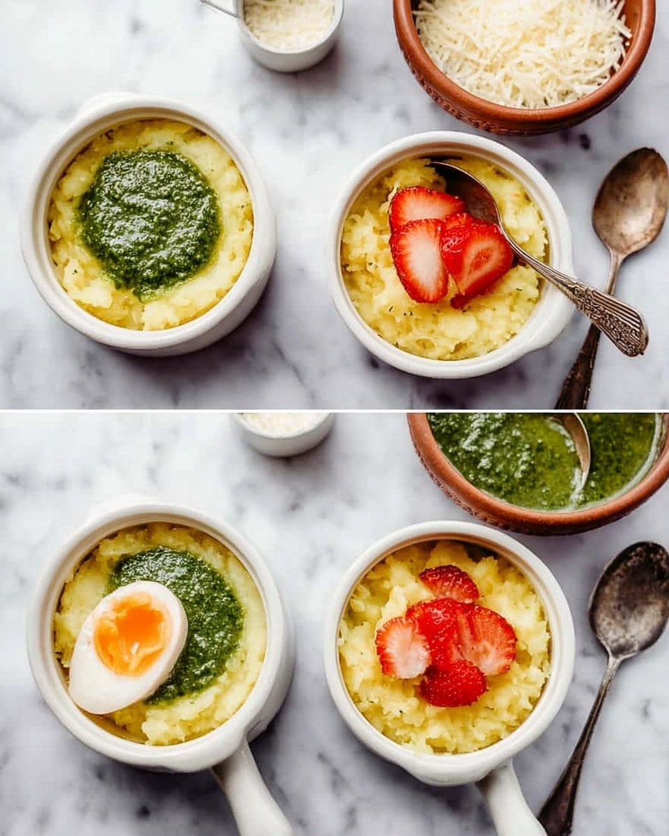 The image shows three small white ceramic pots filled with creamy yellow mashed potatoes. Each pot has a dollop of dark green pesto sauce on top, sitting in the middle as the second layer. In the right part of the image, one pot is topped with a halved soft-boiled egg with a bright yellow yolk and sprinkled with pepper, placed over the green pesto. Another pot has red strawberry slices arranged neatly on the green pesto layer, creating three distinct layers in total: mashed potatoes at the bottom, green pesto in the middle, and the toppings on top. The pots sit on a white marbled textured surface, with a bowl of green pesto and a small bowl of grated cheese nearby. A woman's hand with chopsticks is holding one pot lid. photo taken with an iphone --ar 4:5 --v 7