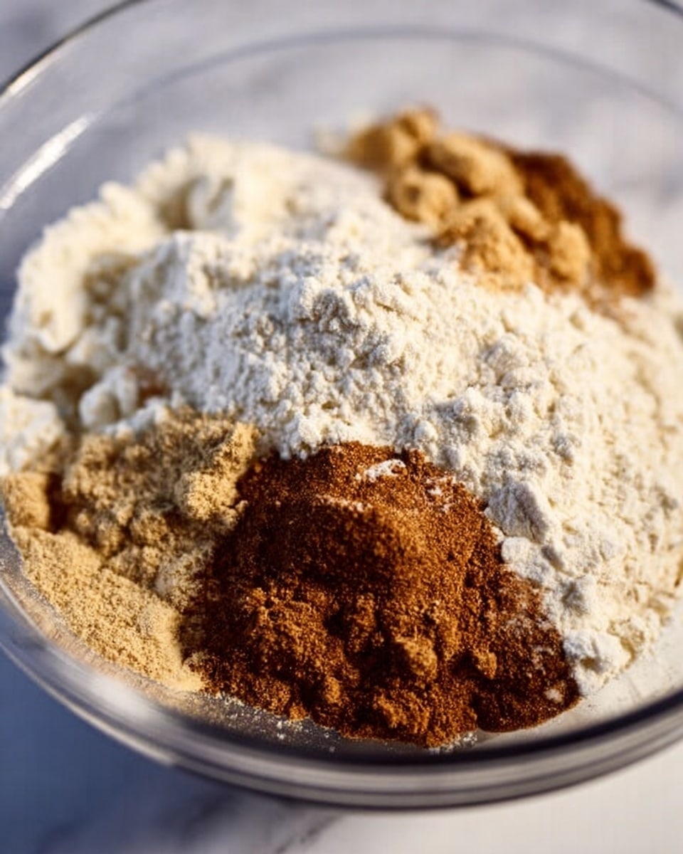 The image shows a clear glass bowl filled with different dry ingredients layered together. The bottom layer is white flour, surrounding small piles of light brown sugar and dark brown cinnamon, along with a pale beige powder, likely ginger or another spice. The ingredients sit separately but close, creating a mix of white, light brown, and dark brown colors with a soft and powdery texture. The bowl is placed on a white marbled surface, and soft natural light highlights the textures. photo taken with an iphone --ar 4:5 --v 7