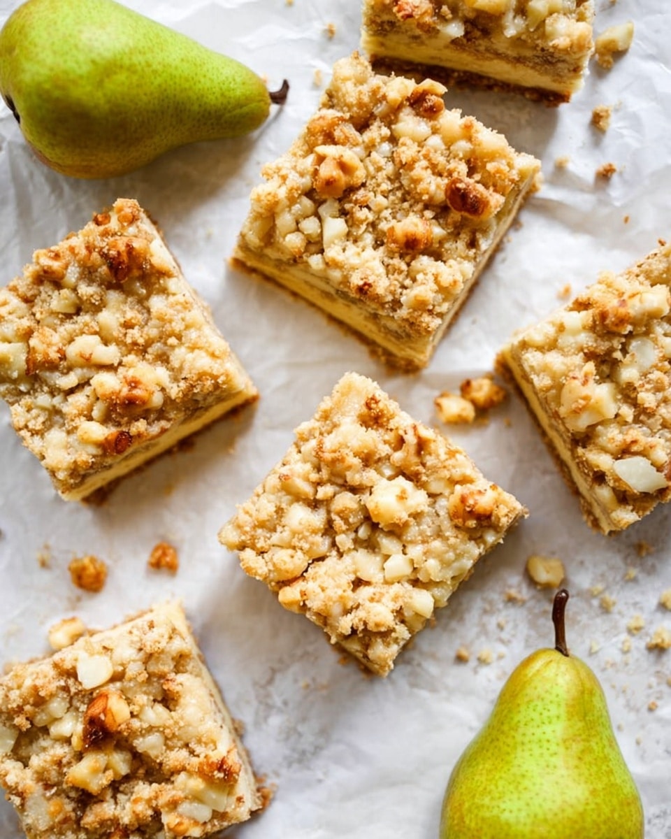 The image shows several square pieces of nut and fruit bars on white parchment paper over a white marbled surface. Each bar has two layers: a pale golden base layer with a smooth texture and a thick crumbly topping speckled with small uneven pieces of nuts and fruit in light brown and creamy colors. Two whole green pears with smooth skin and brown stems are placed diagonally in opposite corners of the scene, adding fresh green and yellow tones. The bars are scattered casually with a few crumbs around, giving a rustic, homemade feel. Photo taken with an iphone --ar 4:5 --v 7
