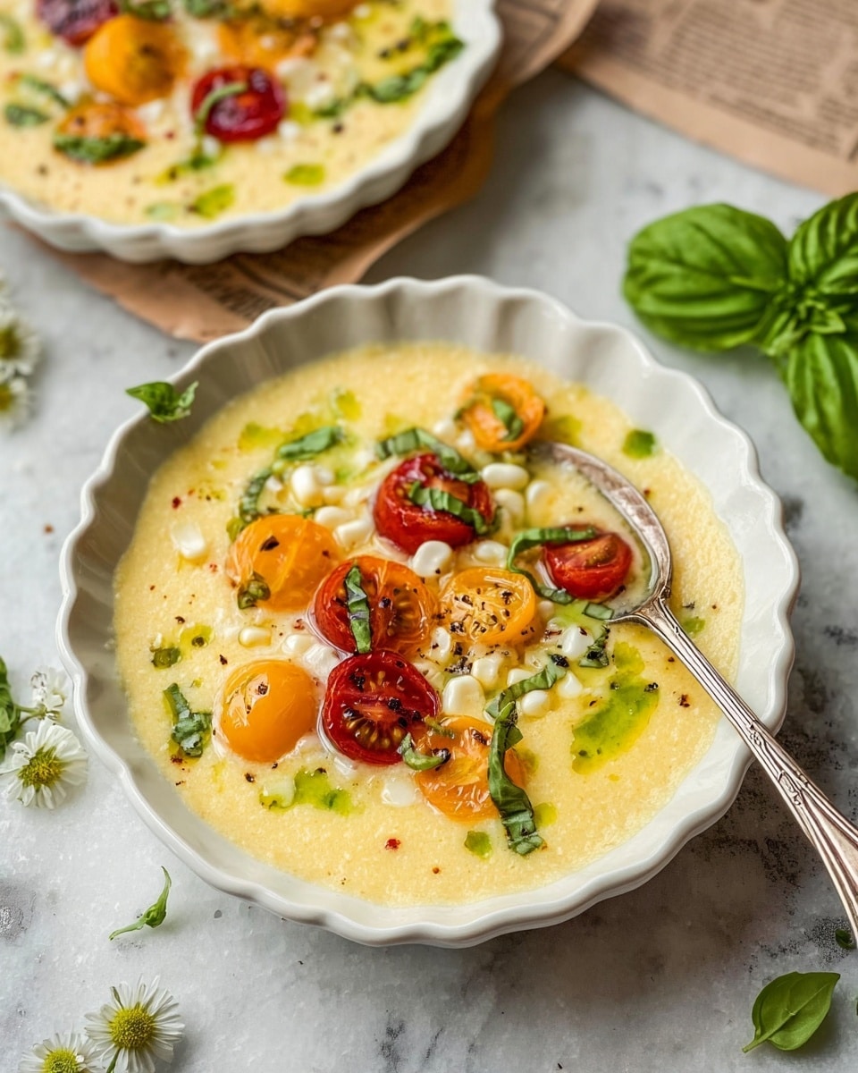 A white fluted bowl filled with creamy yellow soup as the base layer, topped with scattered bright yellow and red cherry tomato halves, small white corn kernels, and fresh green basil leaves. The soup surface shows little green oil droplets and black pepper flakes evenly spread. Inside the bowl, a vintage silver spoon rests on the soup, partly dipped. The bowl sits on a white marbled surface with scattered green basil leaves and small white and yellow flowers around. In the background, part of another similar bowl is visible with the same soup and toppings, placed on a piece of crumpled newspaper. photo taken with an iphone --ar 4:5 --v 7