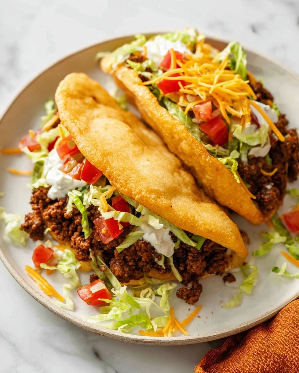 Two taco shells are filled and placed on a white plate set on a white marbled surface. Each shell is golden-brown and slightly puffed with a soft, crispy texture. Inside, the first layer is a generous portion of cooked ground beef, dark brown and crumbly in texture. On top of the beef, freshly chopped red tomato pieces add a bright splash of color along with shredded green lettuce. Thin strands of shredded orange cheddar cheese are scattered across the top, and dollops of smooth white sour cream peek out from between the layers. Some of the fillings spill out around the plate, adding a casual, fresh look. An orange cloth napkin is placed nearby. Photo taken with an iphone --ar 4:5 --v 7