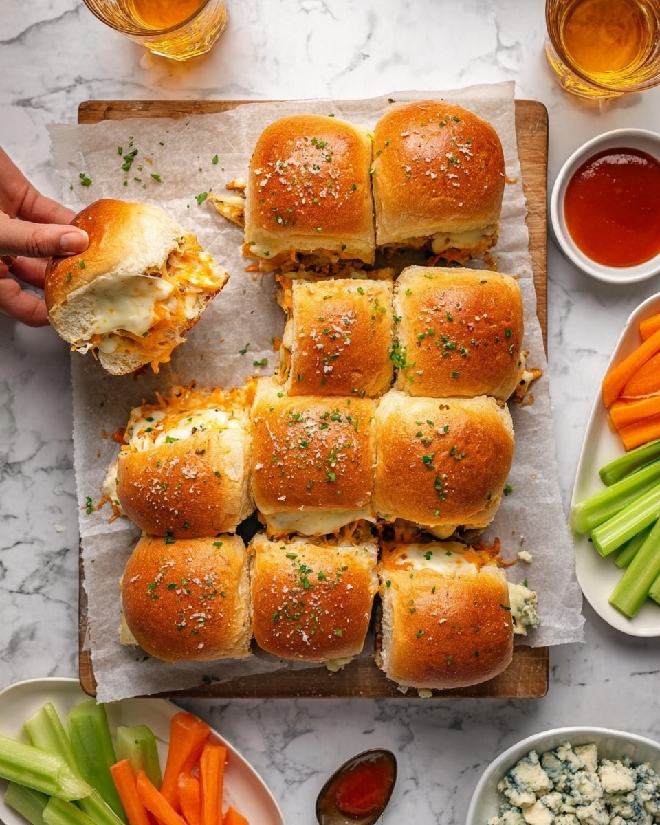 A tray of nine soft sandwich sliders with golden brown tops sprinkled with green herbs and coarse salt sits on white parchment paper over a wooden board, each slider showing melted white and orange cheese oozing from between the light brown bread layers. One slider is pulled up by a woman's hand from the top left, revealing the cheesy inside. Around the board are small white dishes holding green celery sticks, orange carrot sticks, crumbled light blue cheese, and a spoon with red sauce, all placed on a white marbled surface with two glasses of light amber drink and a small container of more red sauce. Photo taken with an iphone --ar 4:5 --v 7