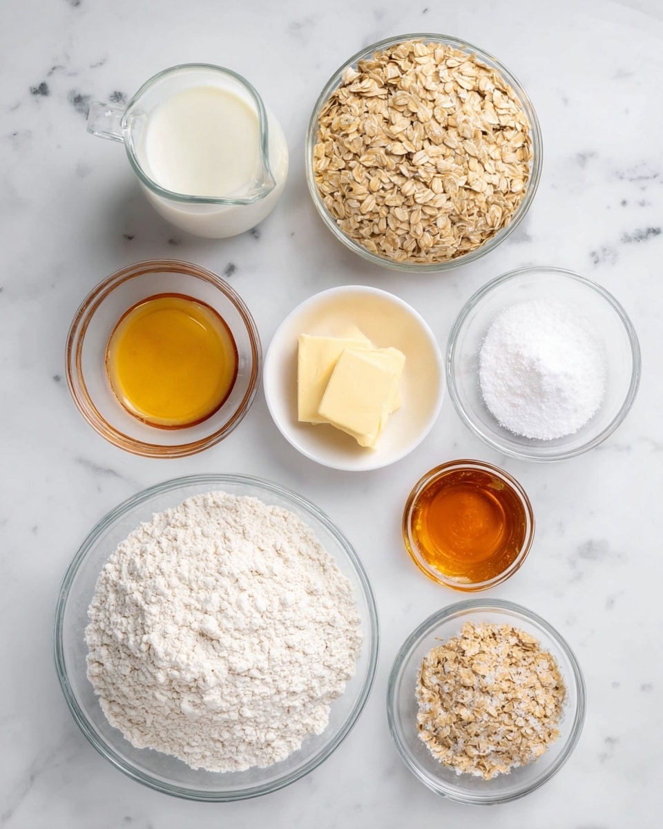 The image shows nine small white and clear glass bowls arranged on a white marbled surface. The largest clear bowl at the bottom left is filled with white flour. To its right is a small white bowl holding a golden liquid. Above that is another small white bowl filled with light tan rolled oats. Above this is a medium clear bowl containing more rolled oats. Next to it, a small clear bowl has a square of pale yellow butter. Near the top center, another clear bowl holds a bright amber liquid, likely honey. Next to it is a clear small bowl with white granulated salt. Below that is a small clear bowl with light tan dry yeast. At the top left, a small clear measuring pitcher contains a creamy white liquid, possibly milk. All bowls and ingredients are neatly spaced creating a clean, organized look photo taken with an iphone --ar 4:5 --v 7