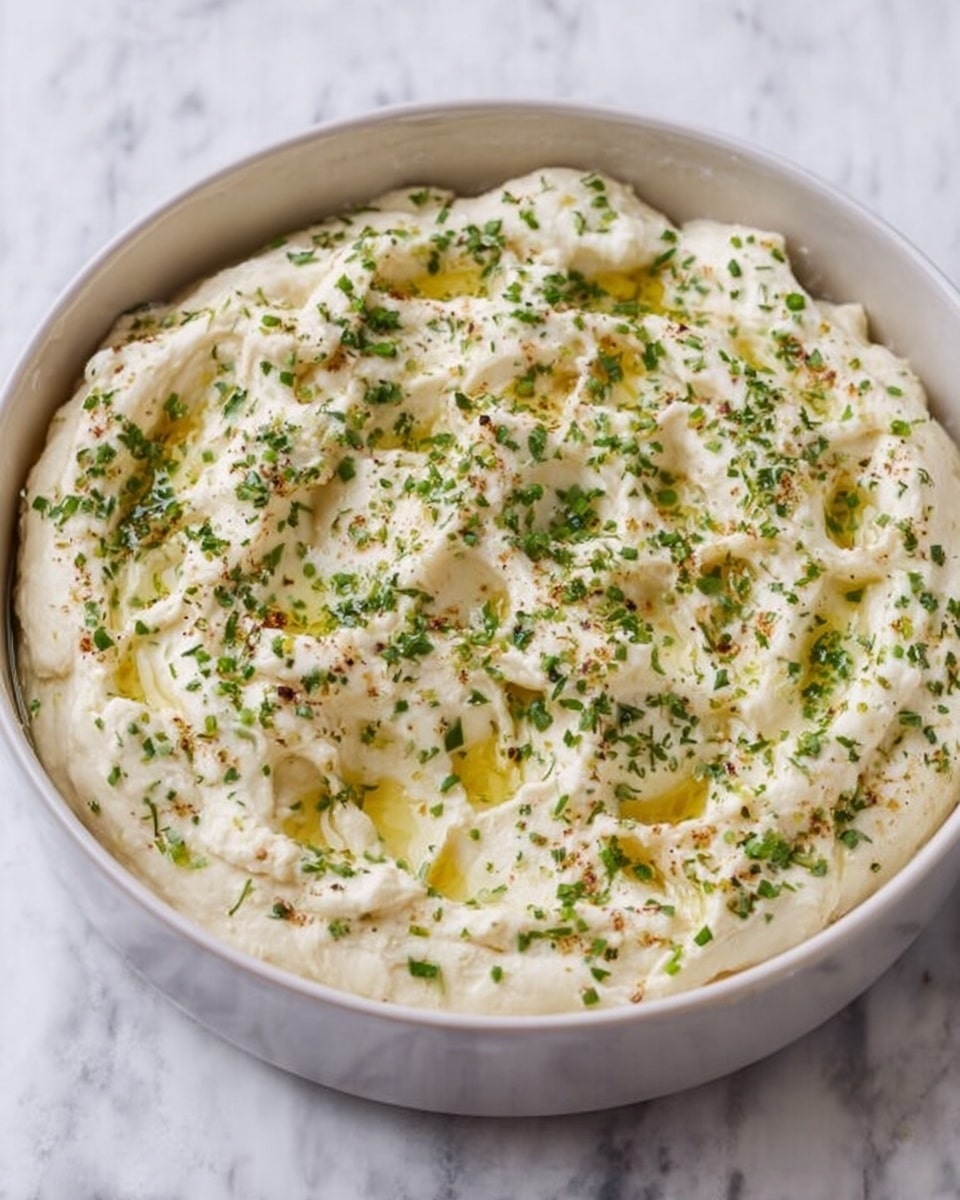 A round white bowl holds a thick, creamy mixture with a soft, uneven surface filled with small dips and peaks. The top layer is pale off-white, sprinkled evenly with finely chopped green herbs. There are small spots of light golden oil scattered across the top, adding a slight shine. The bowl sits on a white marbled surface that highlights the dish’s texture and colors clearly. photo taken with an iphone --ar 4:5 --v 7