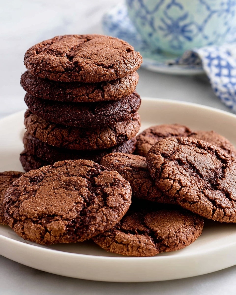 A white plate holds a stack of nine round, soft chocolate cookies at the back, with two cookies leaning against the stack. In front of the stack, six more cookies lie flat and slightly overlapping, showing a cracked surface texture in dark brown shades. The cookies have a rough, crumbly look with subtle chocolate chip details. The plate sits on a white marbled surface, with a part of a blue and white patterned cloth in the background. Photo taken with an iphone --ar 4:5 --v 7