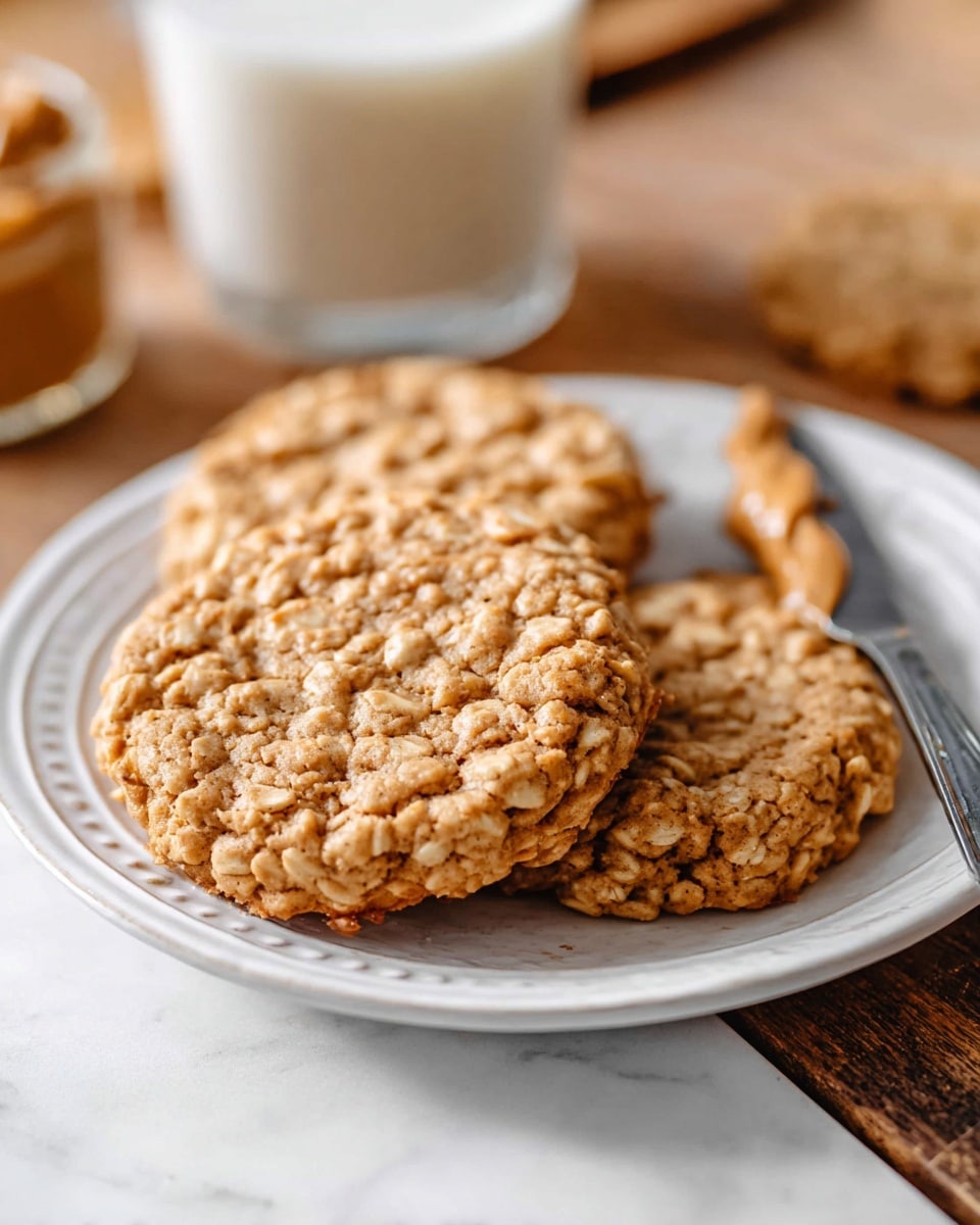 Three round oatmeal cookies with a rough, textured surface and light brown color sit overlapping on a white plate with a simple carved pattern around the edge. To the right, a silver knife with peanut butter spread on the blade rests on the plate. In the blurred background to the left, a glass of milk is visible on a wooden table. The scene is bright with natural light, and the plate is placed on a white marbled surface. photo taken with an iphone --ar 4:5 --v 7