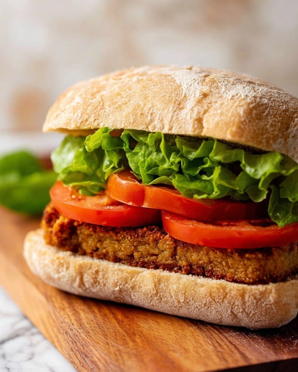 A sandwich on a lightly toasted ciabatta roll with a crusty, golden-brown top and soft inside is shown close up. The bottom layer has two thick, crispy breaded pieces of cooked filling with a textured, slightly rough surface. On top of this are two thick slices of bright red tomato, which look fresh and juicy. Above the tomato slices is a layer of curly, bright green lettuce leaves, adding a fresh and crisp look. The sandwich is placed on a wooden board with a white marbled surface underneath. photo taken with an iphone --ar 4:5 --v 7