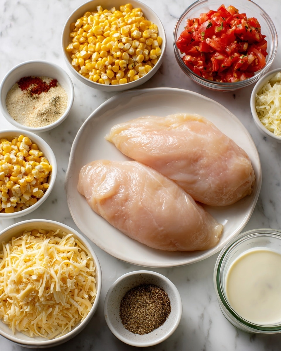 The image shows several white bowls and plates arranged on a white marbled surface. At the center, two raw chicken breasts with a pale pink color rest on a white plate. Surrounding them are small white bowls filled with different ingredients: bright yellow corn kernels, a creamy light yellow mixture labeled creamed corn, finely chopped red tomatoes with some yellow and seeds labeled Rotel, shredded pale yellow Monterey Jack cheese, and a small bowl of minced garlic with a light tan color. There is also a bowl with ground cumin, salt, and black pepper that shows a mix of brown and black colors. A clear glass container holds heavy cream, which is white and smooth. The whole scene looks neat, with the ingredients clearly visible and labeled for easy identification photo taken with an iphone --ar 4:5 --v 7