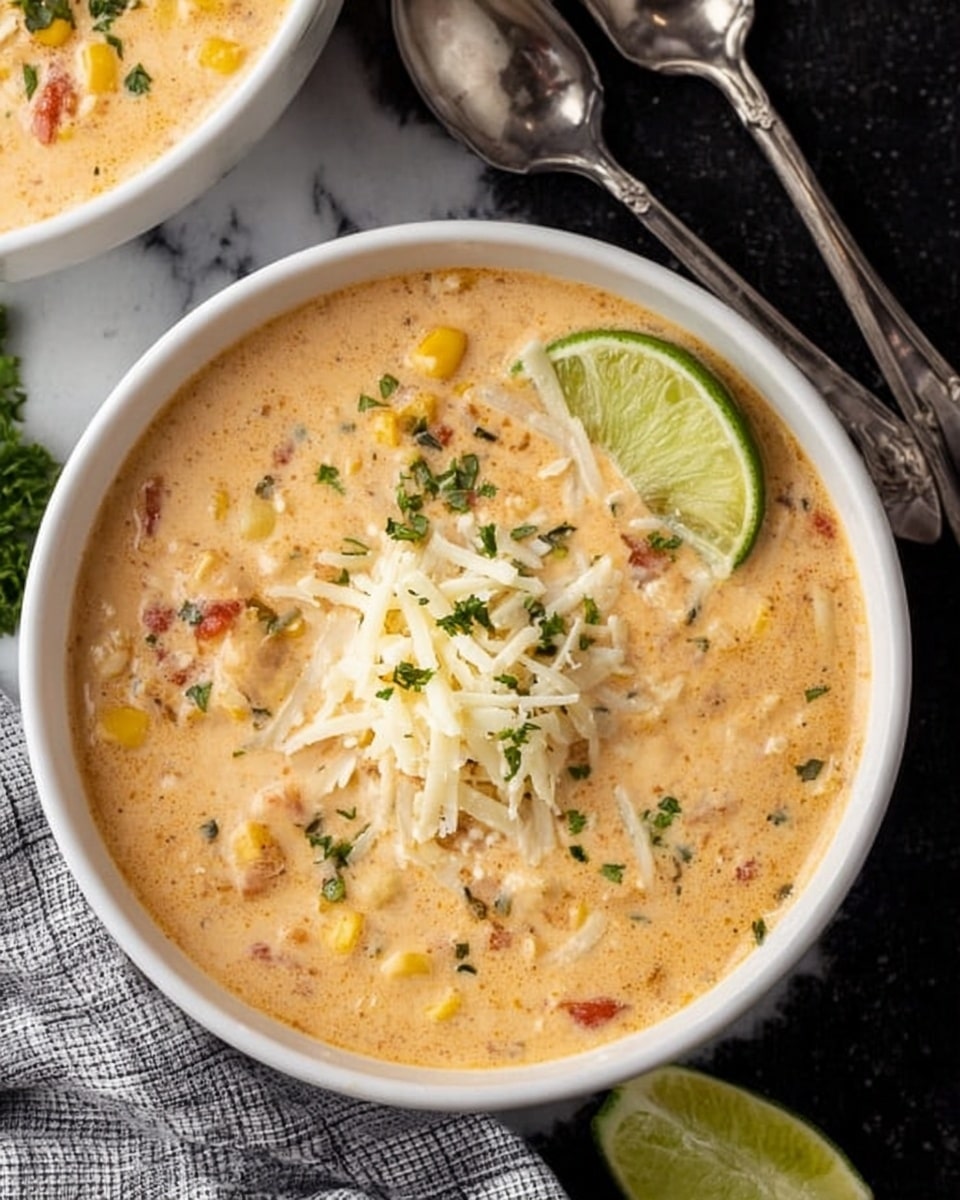 The image shows a white bowl filled with creamy soup that has a light orange color, mixed with visible pieces of corn, red pepper, and herbs. There is a heap of shredded white cheese placed in the center of the soup, and a wedge of lime rests on the right side of the bowl. Small chopped green herbs are sprinkled on top. The bowl is on a dark surface with two silver spoons nearby and part of another white bowl with the same soup partially visible in the top left. A grey and white checkered cloth is placed to the left of the bowl. The background has a white marbled texture. Photo taken with an iphone --ar 4:5 --v 7