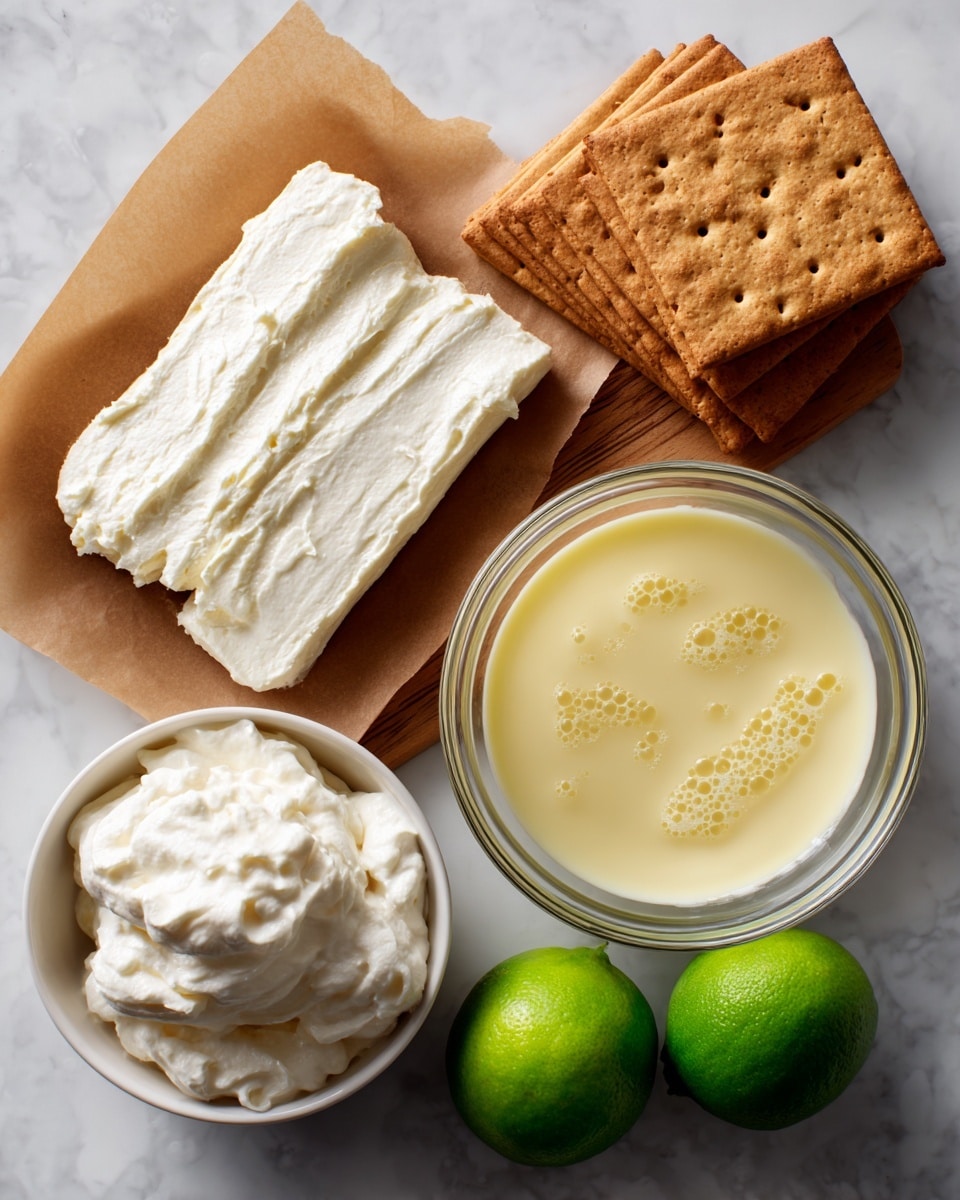 The image shows ingredients for a dessert arranged on a white marbled background. There are two thick layers of soft, white cream cheese placed on a piece of brown parchment paper in the upper left area. On the upper right side, there is a neat stack of five rectangular light brown graham crackers with small holes. Below the crackers, a clear glass bowl is filled with smooth, pale yellow sweetened condensed milk, showing some small bubbles on the surface. At the bottom left, a small white wooden bowl holds fluffy, bright white whipped topping with smooth texture and gentle peaks. Near the bottom right corner, two bright green limes rest on the surface, adding a fresh and colorful contrast to the light tones around them. Photo taken with an iphone --ar 4:5 --v 7
