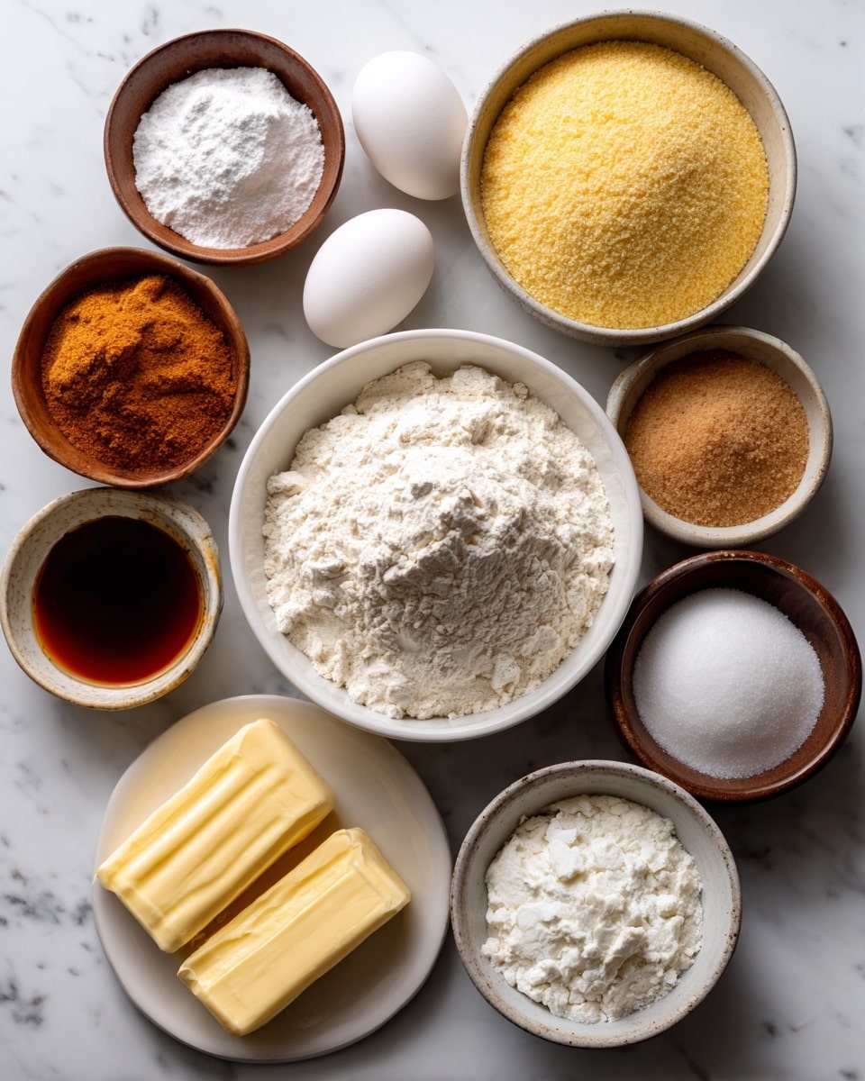 The image shows various baking ingredients arranged neatly on a white marbled surface, each in a separate white bowl or plate except for the vanilla and baking powder & salt which are in small brown bowls, and the butter is on a round white plate. There are two sticks of yellow butter side by side on the plate at the bottom left. Above them are two white eggs placed close together. Next to the eggs is a large white bowl filled with white flour with a small well in the middle. To the right, a bowl holds coarse yellow cornmeal, and next to it another bowl contains white granulated sugar. Above the sugar bowl is a bowl filled with light brown sugar. To the top left, there is a bowl with white cornstarch, and below it a bowl filled with amber honey. On the left side, a small bowl contains dark vanilla extract, and below it another bowl has white baking powder mixed with salt. The overall look is clean and organized with all ingredients clearly visible, photo taken with an iphone --ar 4:5 --v 7