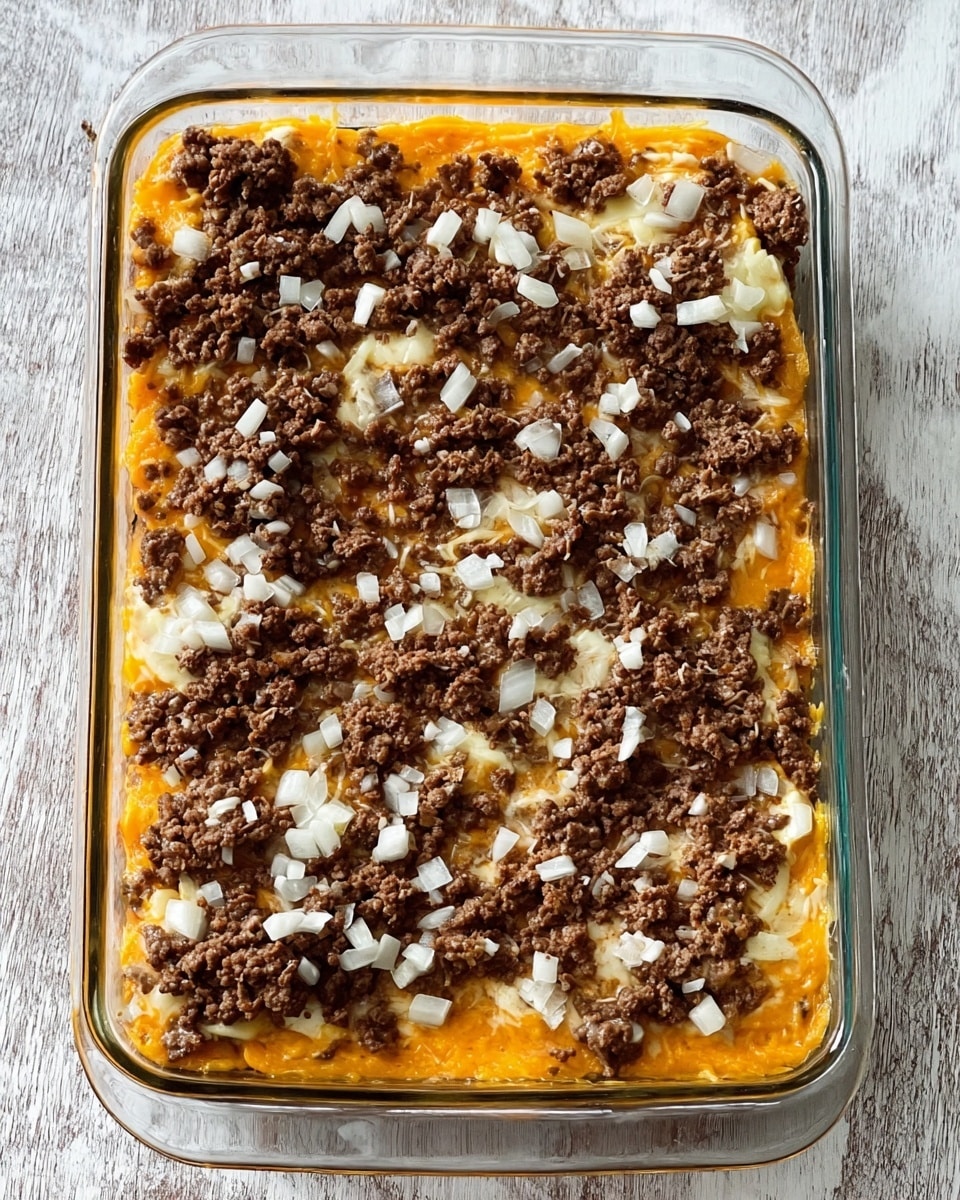 A clear glass baking dish shows a layered dish with three main layers: the bottom layer is a bright orange cheese slice base, the middle layer is cooked ground beef scattered evenly, and the top layer is small pieces of white onion spread over the beef. The dish rests on a white marbled textured surface. photo taken with an iphone --ar 4:5 --v 7