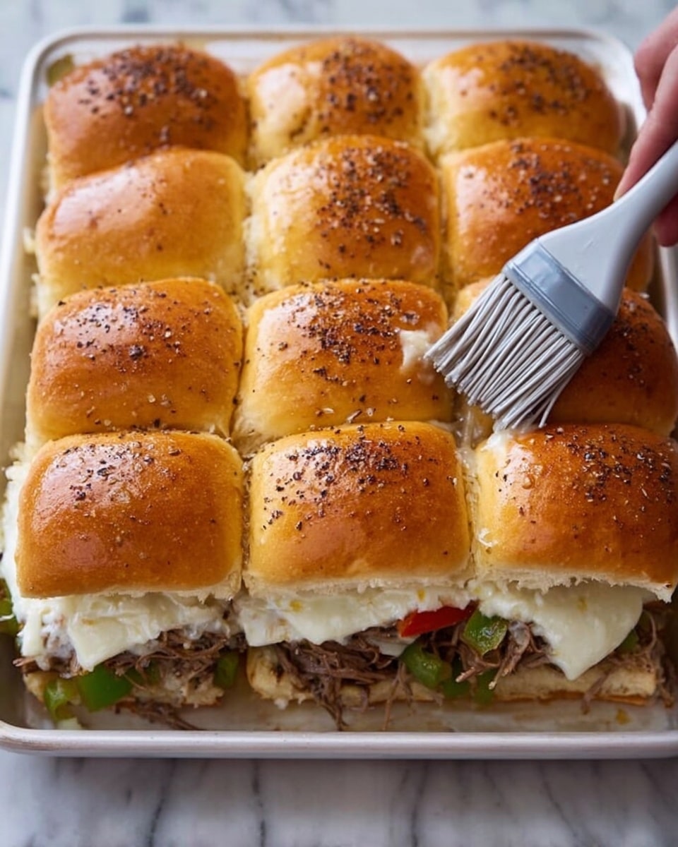 A close-up view of a white tray holding 12 soft sandwich rolls arranged in a 4 by 3 grid, with the top layer showing golden brown, shiny tops sprinkled lightly with black pepper. The sandwich is sliced open horizontally to reveal a middle layer filled with white cheese slices, some green and red bell pepper pieces, and a layer of cooked shredded meat. A woman's hand is brushing oil or butter over the tops of the rolls using a transparent brush with grey bristles. The tray sits on a white marbled surface. photo taken with an iphone --ar 4:5 --v 7