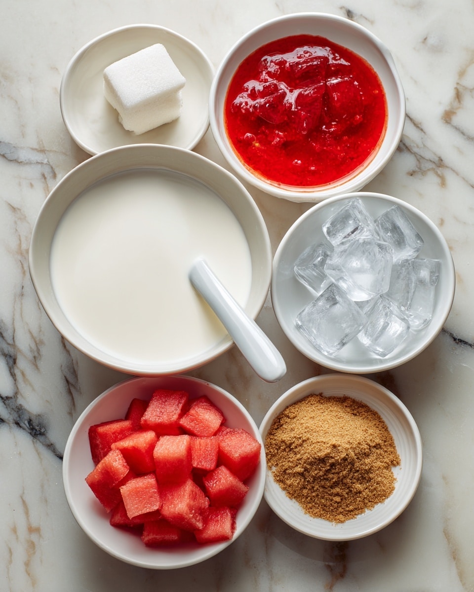 The image shows six small white bowls arranged on a white marbled surface. The largest bowl in the center is filled with white milk and has a white spoon resting inside. Above it, a bowl holds bright red Rooh Afza syrup. To the right of the syrup, another bowl contains clear ice cubes. Below the ice cubes, a bowl filled with light brown cardamom powder is placed. Below the milk bowl is a smaller bowl with a big white sugar cube, and to the left of the sugar is a bowl filled with red watermelon cubes. The bowls are neatly organized with bright, vibrant colors clearly visible. Photo taken with an iphone --ar 4:5 --v 7