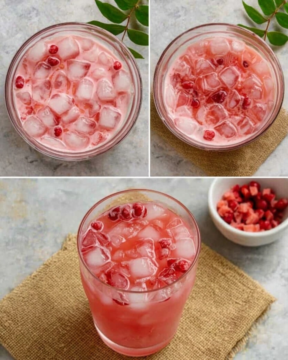 The image shows a series of four pictures depicting the making of a pink drink in a clear glass bowl and a glass cup. The first picture has a clear bowl filled with a pink liquid topped with many ice cubes evenly spread. The second picture adds small red fruit pieces scattered on top of the ice cubes in the pink liquid. The third picture shows the same clear bowl where the ice cubes and red fruit pieces appear mixed into the pink liquid, filling it evenly. The last picture presents a glass cup filled with the same pink liquid, ice cubes, and red fruit pieces on top, placed on a light brown textured cloth with some green leaves and a small white bowl with more red fruit pieces beside it. All items rest on a white marbled surface. Photo taken with an iphone --ar 4:5 --v 7