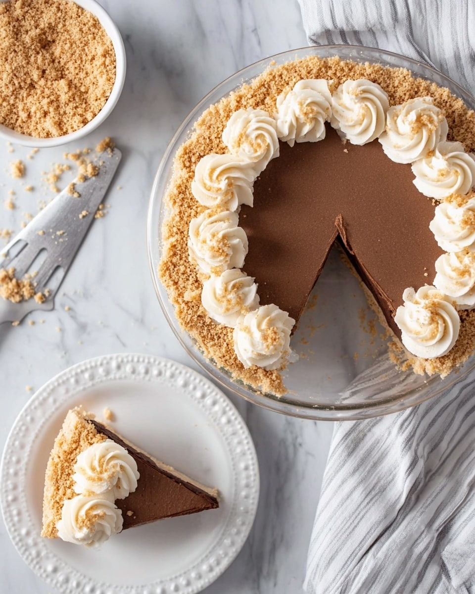 The image shows a round pie with three distinct layers, placed on a white marbled surface. The bottom layer is a crumbly golden crust with a slightly rough texture. Above the crust is a smooth, light brown filling that covers the entire pie evenly. The top edge of the pie is decorated with evenly spaced swirls of creamy beige frosting, each swirl thick and textured like soft whipped cream. Around the frosting swirls, there are small crumbs of the same crust, adding a crunchy detail to the edge. Nearby is a white bowl filled with golden crumbs and a spoon inside it, as well as a piping bag filled with the same creamy frosting used on the pie. A white and blue striped cloth is placed in the background. Photo taken with an iphone --ar 4:5 --v 7