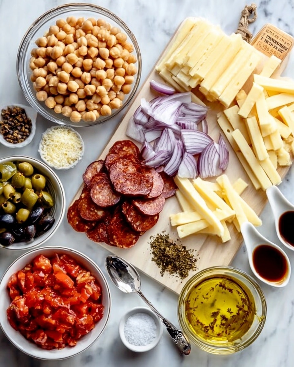 A white marbled surface is covered with different ingredients neatly arranged. At the top left is a clear glass bowl full of light brown chickpeas. To the right of the bowl are thinly sliced purple onions, and next to them are many sticks and cubes of pale yellow cheese stacked in two groups. Below the cheese, a wooden board holds a pile of sliced red sausage pieces. To the left of the sausage, there are two small piles of black and green spices. At the bottom left is a white bowl full of small green peppers, next to it is a silver spoon filled with coarse salt. In the bottom center, black olive slices are placed in a white bowl. Near the bottom right, a clear glass bowl holds a yellow, oily dressing with herbs floating on top. To its right is a small white bowl filled with bright red diced tomatoes. Next to the tomato bowl, on the far right, is a white spoon holding dark red liquid. The scene is bright and clean, with the colors of the ingredients standing out on the smooth white marbled surface, photo taken with an iphone --ar 4:5 --v 7