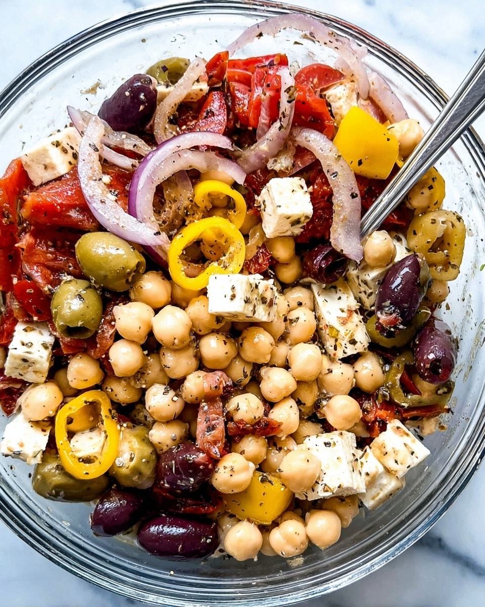 A clear glass bowl filled with a colorful salad showing many layers of ingredients mixed together; the bottom layer mainly has round light beige chickpeas, topped with slices of black olives, small cubes of white cheese, thin rings of red onion, bright yellow pepper rings, and chunks of red sun-dried tomatoes. The salad is sprinkled with black pepper and herbs, and a silver spoon is placed inside the bowl. The bowl sits on a white marbled surface. Photo taken with an iphone --ar 4:5 --v 7