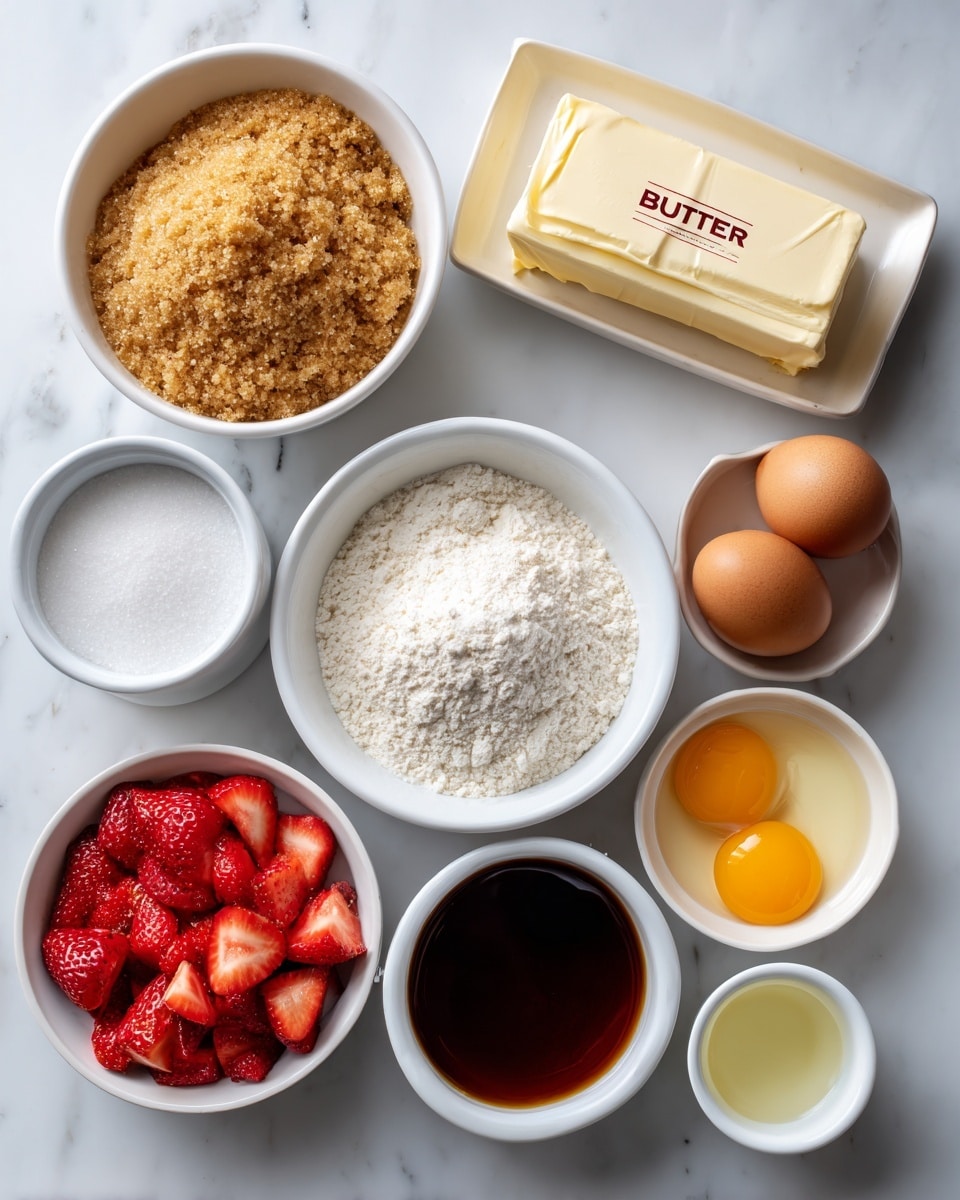 The image shows nine small white bowls and a white block of butter arranged on a white marbled surface. The top left bowl holds light brown sugar with a rough texture. To its right is a rectangular white block of butter with the word