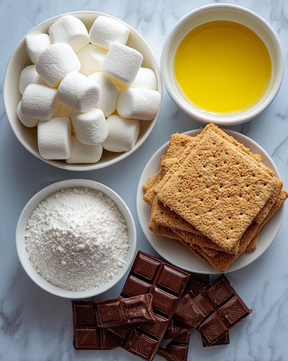The image shows five separate ingredients arranged neatly on a soft blue background with white labels next to each item. In the top left, there is a pile of large white marshmallows, fluffy and rounded. To the right, a small white bowl holds a pool of melted yellow butter. Below the marshmallows, another white bowl is filled with fine powdered sugar, pure white and smooth. On the right side, a stack of golden brown graham crackers is visible, with a rough and slightly grainy texture, stacked in a slightly uneven pile. At the bottom center, pieces of broken chocolate bars are scattered, showing a rich dark brown color with a shiny surface and detailed rectangular patterns on each piece. The background is a clean white marbled texture. photo taken with an iphone --ar 4:5 --v 7