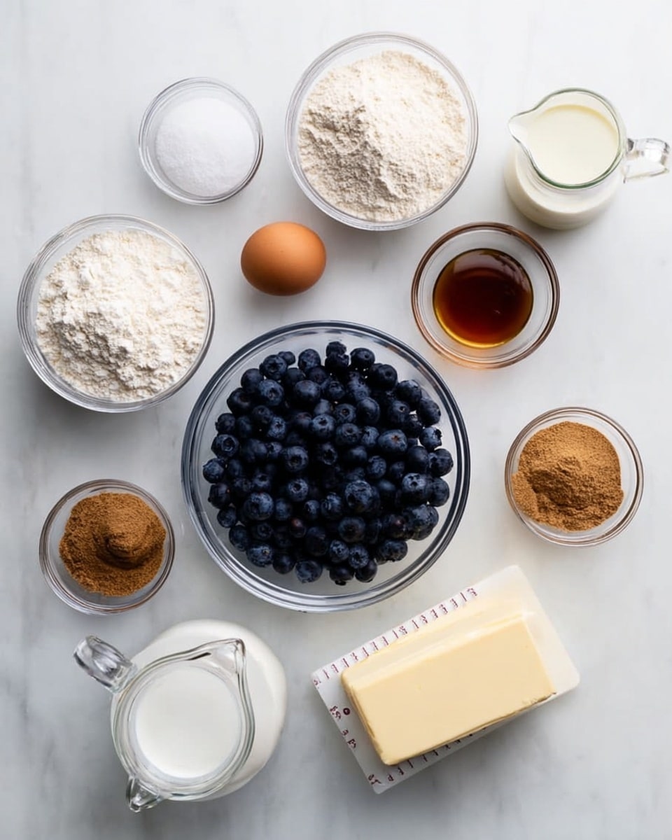 The image shows a top view of different baking ingredients neatly arranged on a white marbled surface. There are nine containers and an egg placed in a loose circle. In the center is a clear bowl filled with dark blue blueberries. Surrounding it are small bowls and jars containing white flour, brown sugar, cinnamon powder, white sugar, salt, and vanilla extract. There is also a stick of butter with measured markings and two small clear pitchers, one with milk and the other with oil or another clear liquid. The scene is bright and clean, with each ingredient clearly visible and separated. photo taken with an iphone --ar 4:5 --v 7