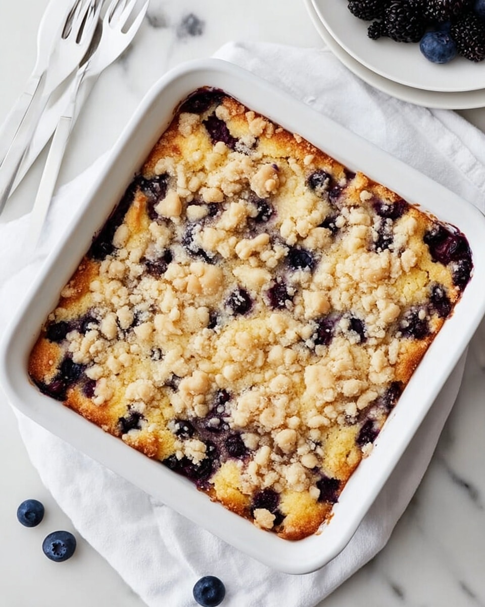 The image shows a square white baking dish filled with a golden-brown blueberry crumb cake. The cake has a light beige crumbly topping scattered unevenly on the surface, with dark purple blueberry spots visible underneath and around the edges. The dish is placed on a soft white cloth, with some fresh blueberries scattered nearby on a white marbled surface. Two white forks rest in the upper left corner, and a partially visible white plate with blackberries is in the top background. The overall scene is bright and clean, showing a fresh homemade dessert photo taken with an iphone --ar 4:5 --v 7