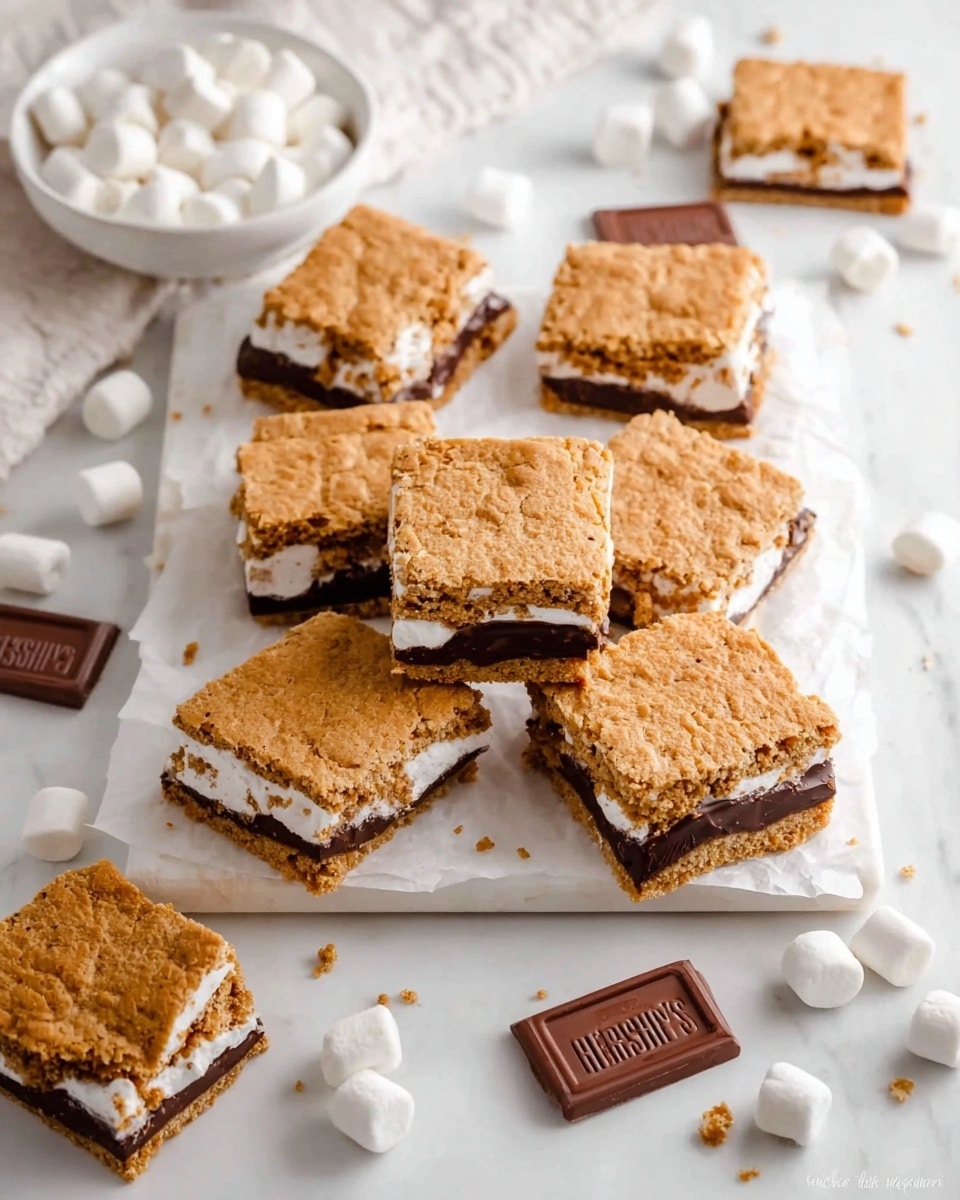 The image shows several square s'mores bars placed on a white marbled surface lined with white parchment paper. Each bar has three visible layers: a golden brown oat cookie layer on top and bottom, with a thick dark chocolate layer and a white marshmallow layer sandwiched in the middle. Some bars are stacked, while others lie flat, showing their layers clearly. Scattered around the bars are small white marshmallows and pieces of dark chocolate with