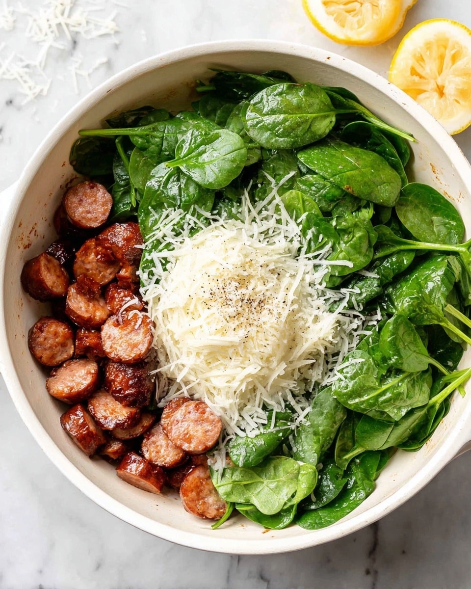 In a white pot on a white marbled surface, there are three main layers of ingredients. On the left side, there are slices of browned sausage with a shiny texture arranged in a small pile. On the right, fresh bright green spinach leaves with visible veins and a slightly wet surface take up a large portion. In the front, a fluffy layer of finely shredded white cheese is spread, with a small amount of white salt and black pepper sprinkled on top of the spinach near the center. Two lemon halves and extra spinach leaves can be seen blurred in the background. photo taken with an iphone --ar 4:5 --v 7