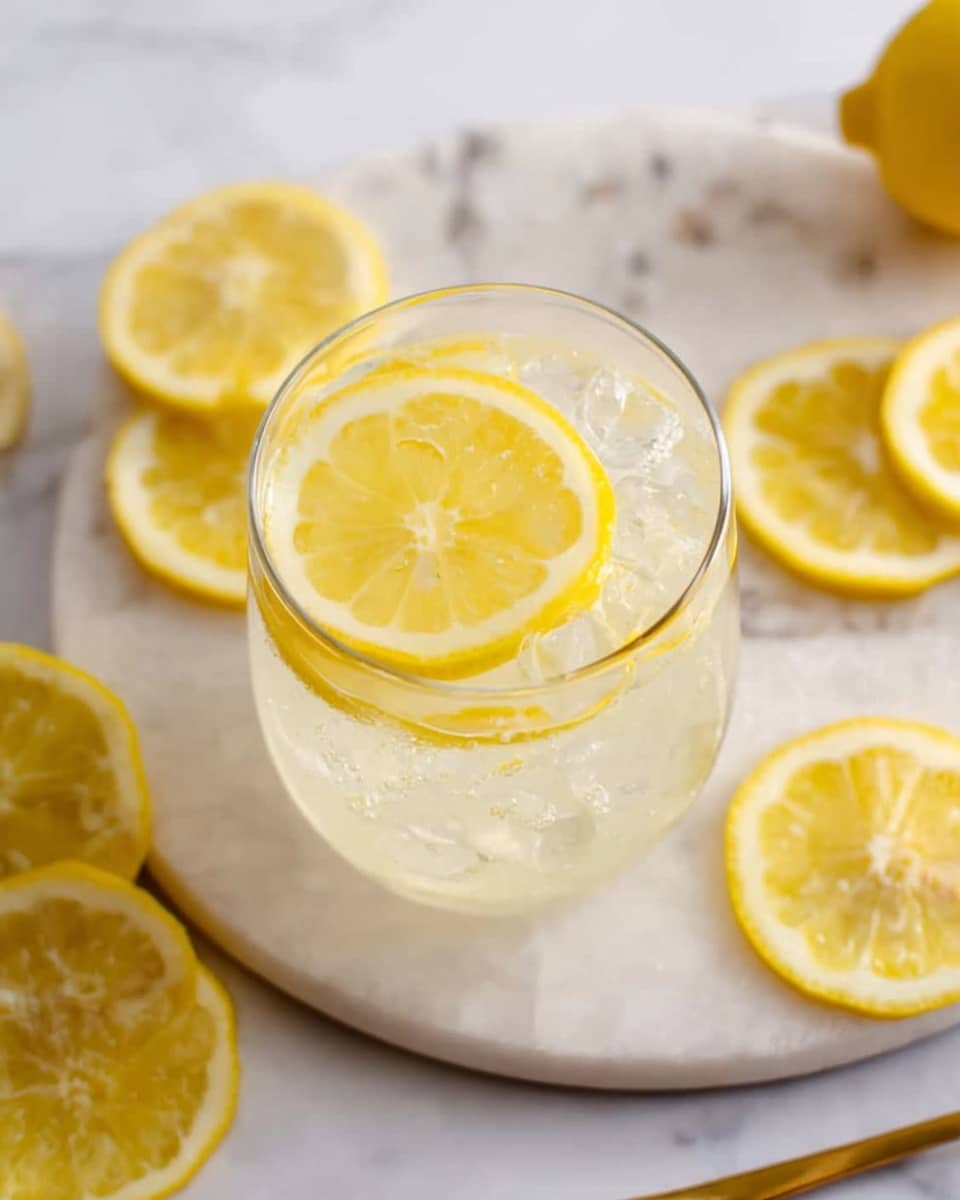 In the image, there is a clear glass filled with ice cubes and topped with two thin yellow lemon slices floating on top. The glass is placed on a round white marble surface, which has several lemon slices scattered around it. The lemon slices are vibrant yellow with a light translucent center, showing the seeds clearly. The background also features a white marbled texture, and a golden spoon is partially visible on the right side of the image. The overall scene has a fresh and bright look, with soft natural lighting. photo taken with an iphone --ar 4:5 --v 7