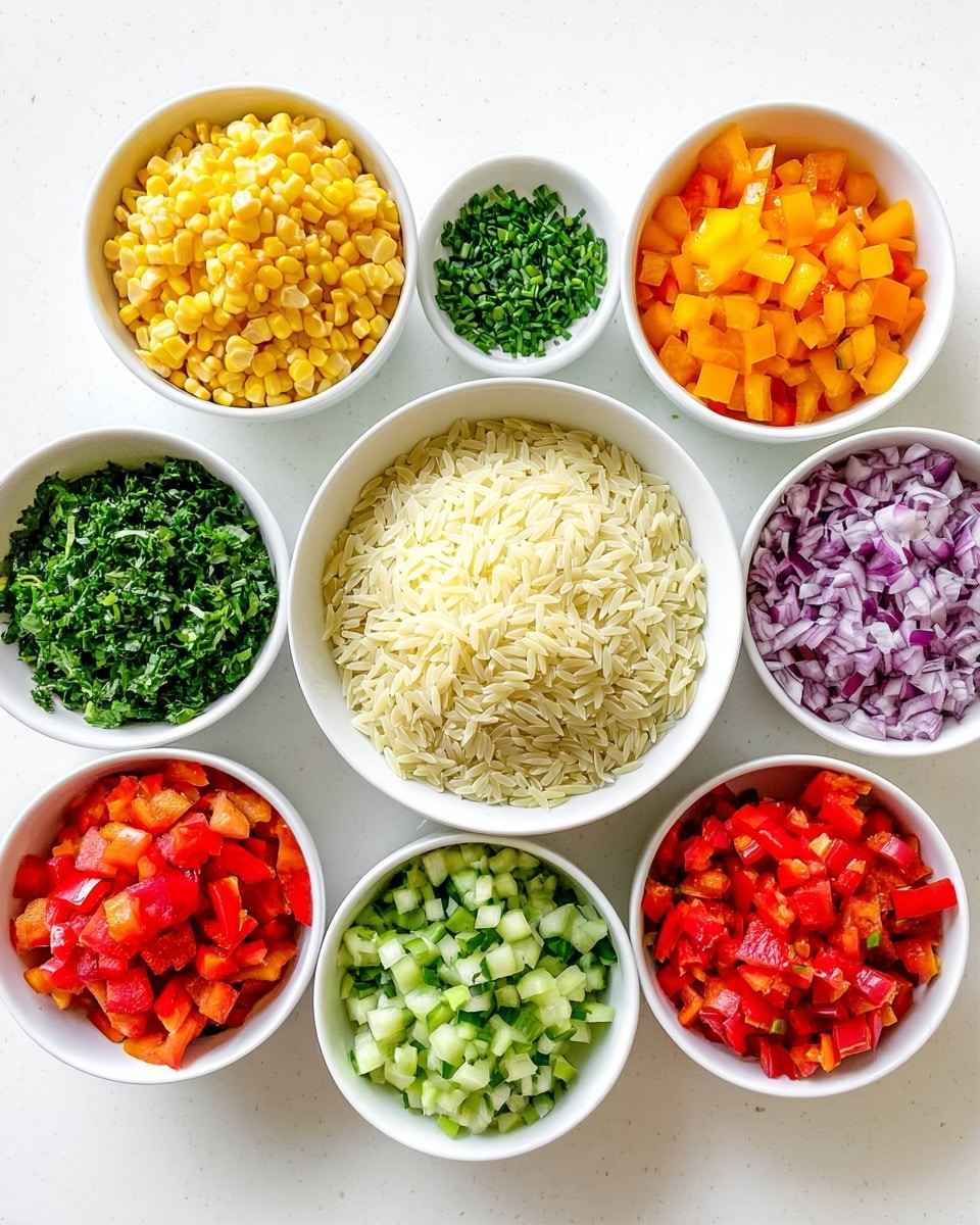 The image shows nine small white bowls arranged on a white marbled surface, each containing different chopped ingredients. In the center is a bowl filled with white orzo pasta. Surrounding it are bowls with yellow corn kernels, bright orange diced bell peppers, bright red diced tomatoes, chopped dark green herbs, finely chopped dark green chives, diced light green cucumbers, chopped red bell peppers, and finely chopped purple onions. The colors are vibrant and the textures vary from smooth pasta to crisp vegetables, all neatly presented in a clean, bright setting. photo taken with an iphone --ar 4:5 --v 7