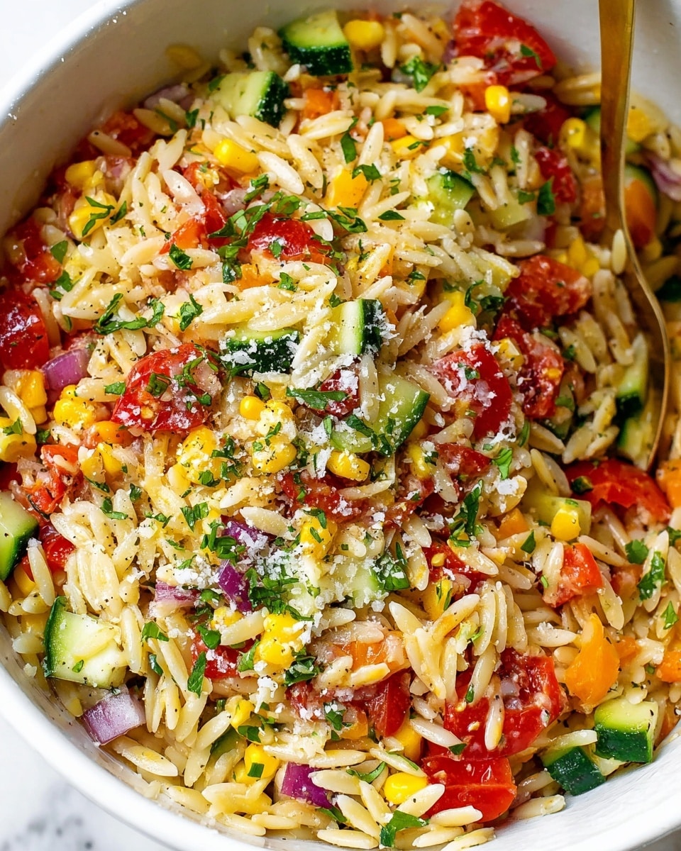 A close-up view of a white bowl filled with a colorful orzo pasta salad that has three main layers: the base layer of small, pale yellow orzo pasta pieces, mixed evenly with a chunky layer of diced red tomatoes, green cucumbers, yellow corn, and bits of red onion, topped with finely chopped green herbs scattered throughout and a light dusting of grated white cheese or parmesan on the surface; a gold spoon is partially visible on the right side, resting in the bowl against the white marbled background photo taken with an iphone --ar 4:5 --v 7
