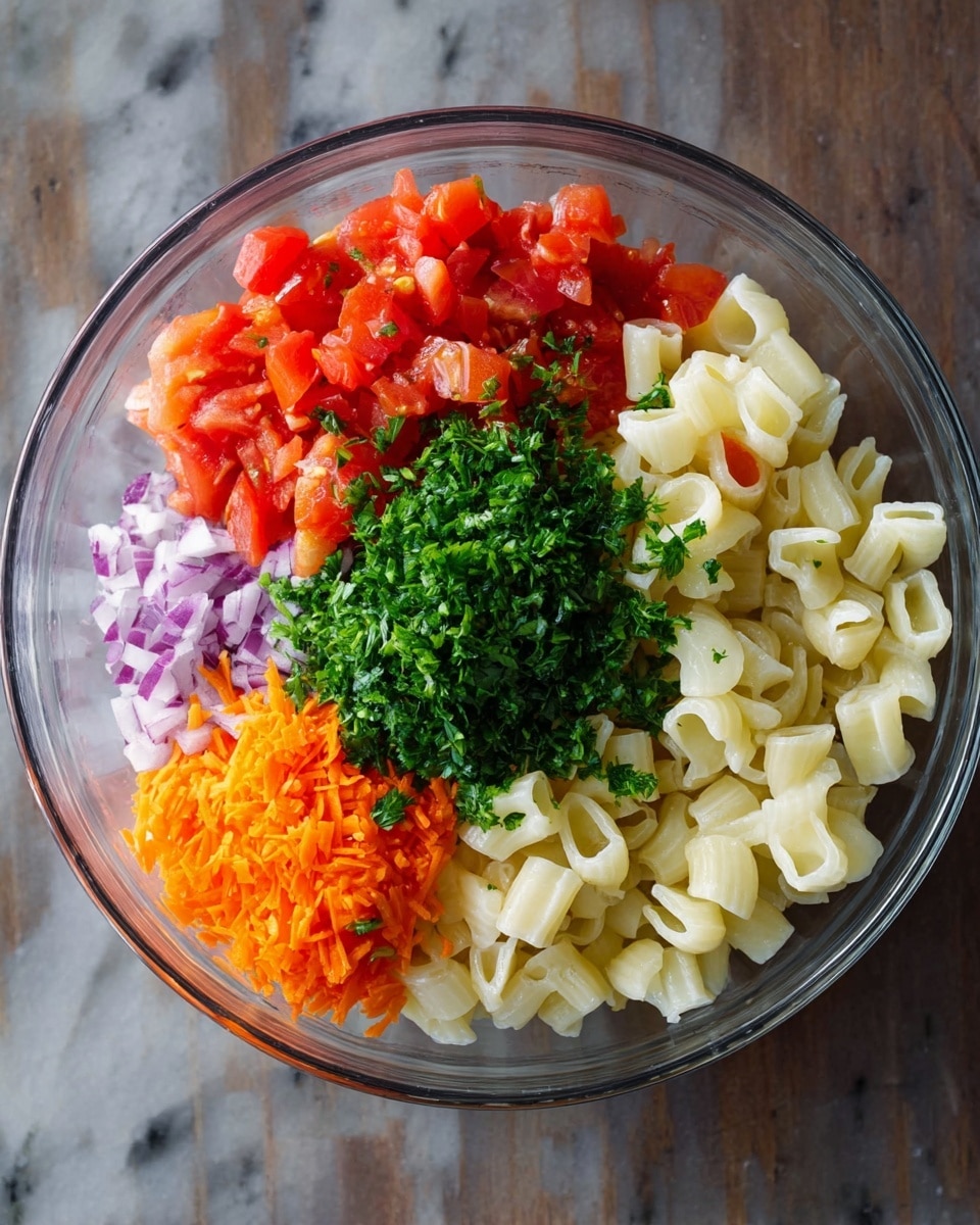 A clear glass bowl holds five distinct layers of chopped ingredients arranged separately inside. The largest layer, placed on the bottom right, is made of pale cream pasta pieces shaped like small curved tubes. Above and slightly overlapping the pasta, finely chopped bright green parsley forms a small mound. To the left of the parsley, a small pile of finely grated orange carrot adds color. Below the carrot, finely chopped light purple onion pieces gather in a triangular shape. The top left section of the bowl is filled with a large quantity of finely chopped bright red tomatoes. The bowl rests on a white marbled surface. Photo taken with an iphone --ar 4:5 --v 7