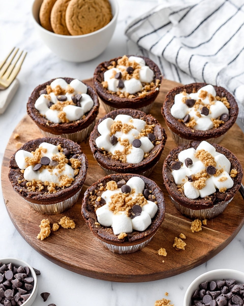 There are six chocolate desserts in silver foil cups arranged on a round wooden board. Each dessert has a cracked dark brown chocolate base topped with a ring of soft, melted white marshmallows, a few dark chocolate chips, and some light brown crushed cookie pieces scattered around. In the background, a white bowl filled with broken light brown cookies sits on a white marbled surface next to a striped white and gray cloth. There is also a white bowl filled with dark chocolate chips partially visible at the bottom. Photo taken with an iphone --ar 4:5 --v 7