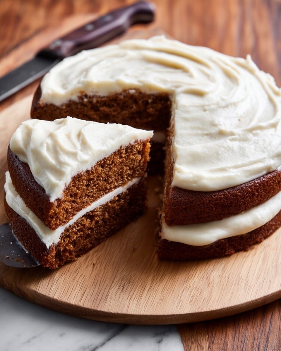 A two-layer round cake placed on a light wooden board, each layer is brown with a soft texture, separated by a thick white cream layer, and the top is covered with a smooth white cream spread evenly with some gentle swirls, one slice is lifted slightly by a knife with a dark wooden handle, showing the inside layers clearly, the cake sits on a white marbled surface. photo taken with an iphone --ar 4:5 --v 7