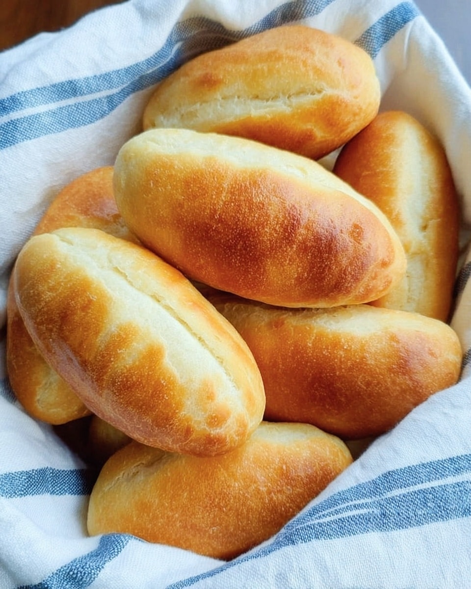 A basket lined with a white cloth with blue stripes holds seven golden-brown, oval-shaped pastries with smooth, slightly shiny tops and soft textures, nestled closely together showing light puffiness and gentle browning on their edges, all arranged in a cozy cluster. photo taken with an iphone --ar 4:5 --v 7